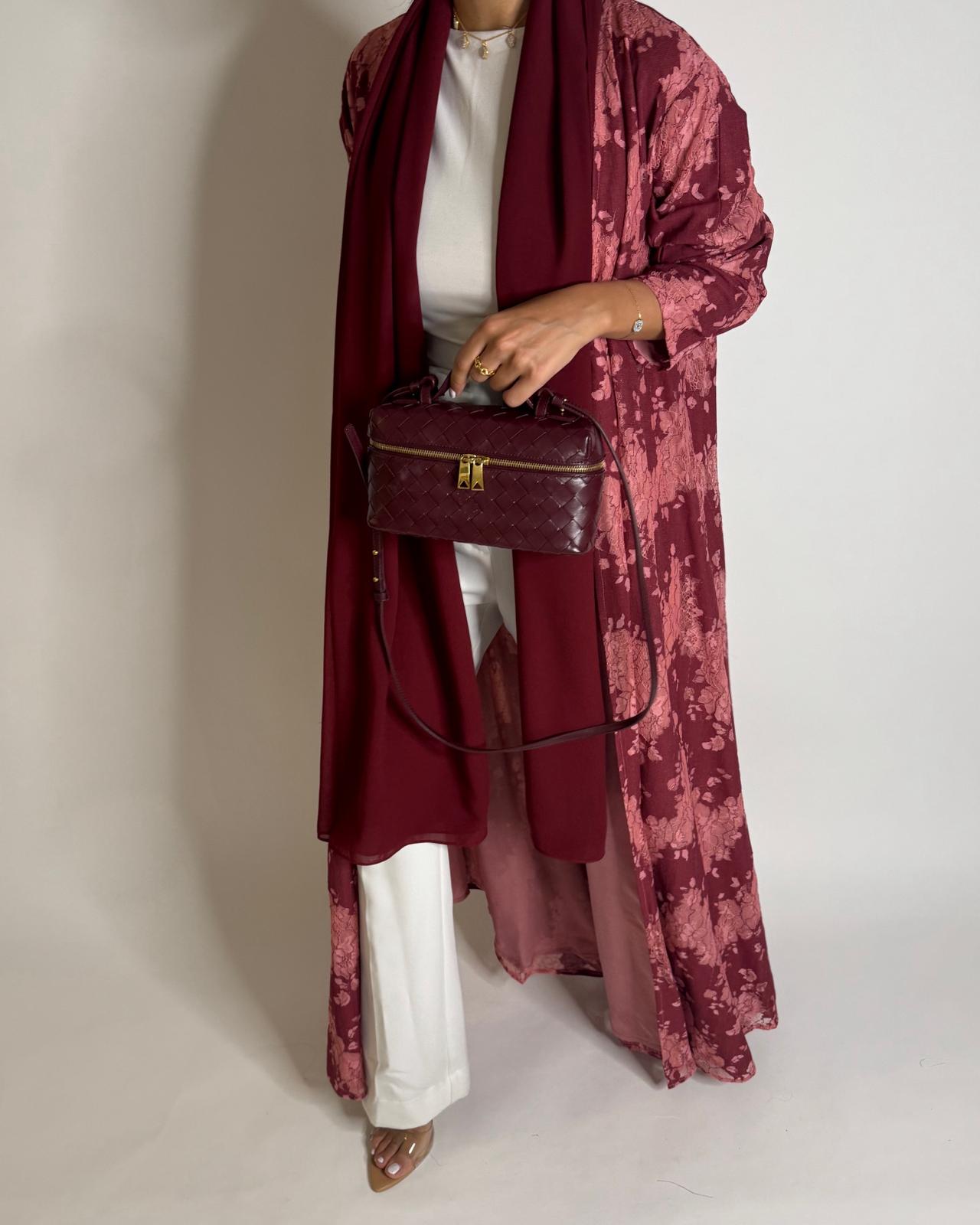 A598 - Maroon & Pink Linen & Lace A-CUT Summery Abaya & Matching Head Scarf