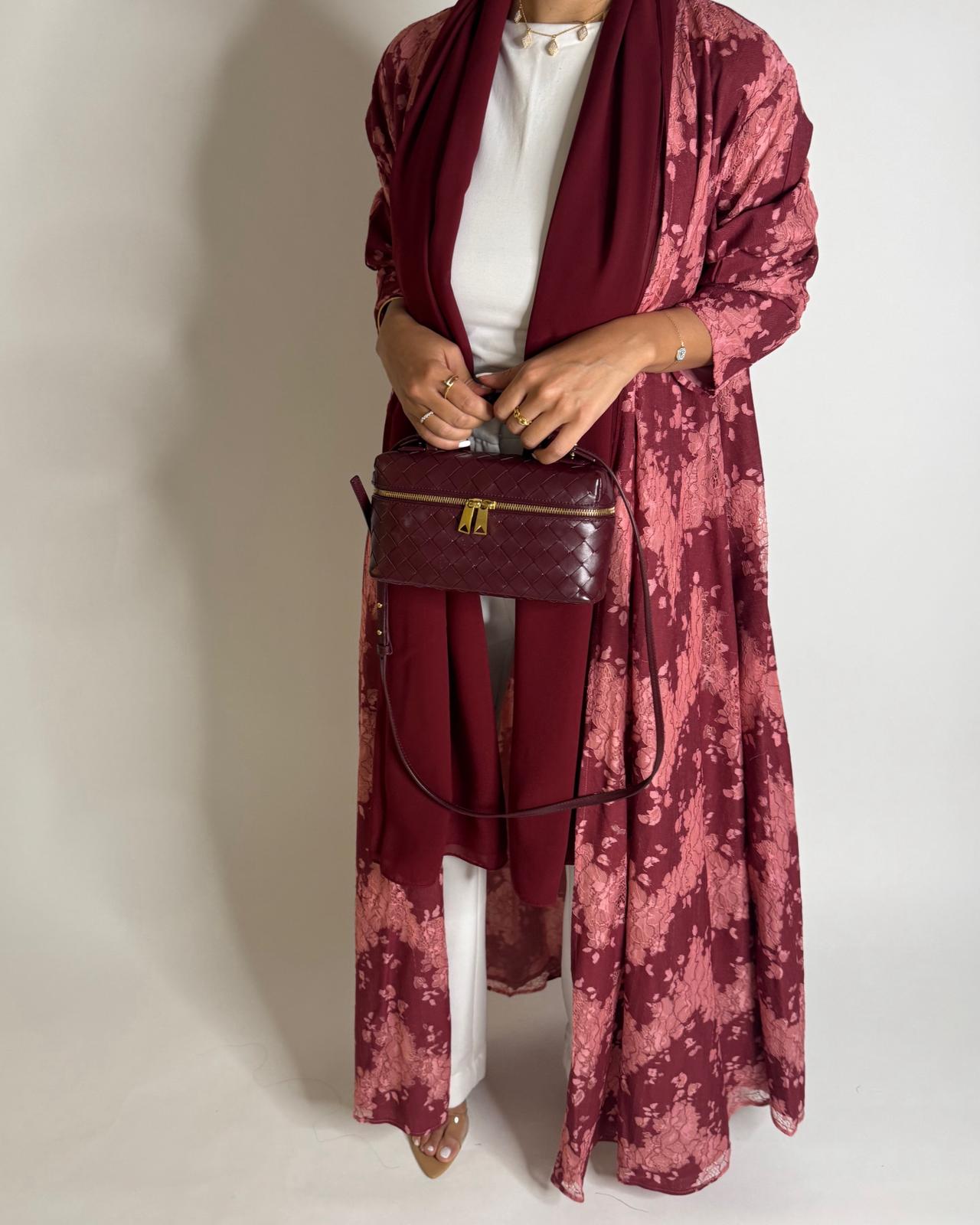 A598 - Maroon & Pink Linen & Lace A-CUT Summery Abaya & Matching Head Scarf