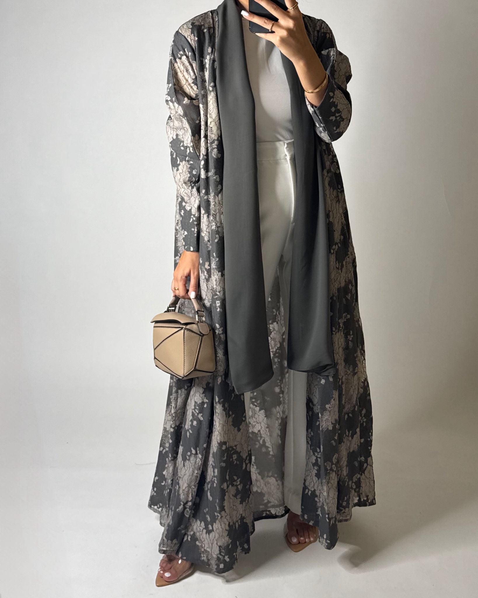 A602 - Gray & Cream Linen & Lace A-CUT Summery Abaya & Matching Head Scarf
