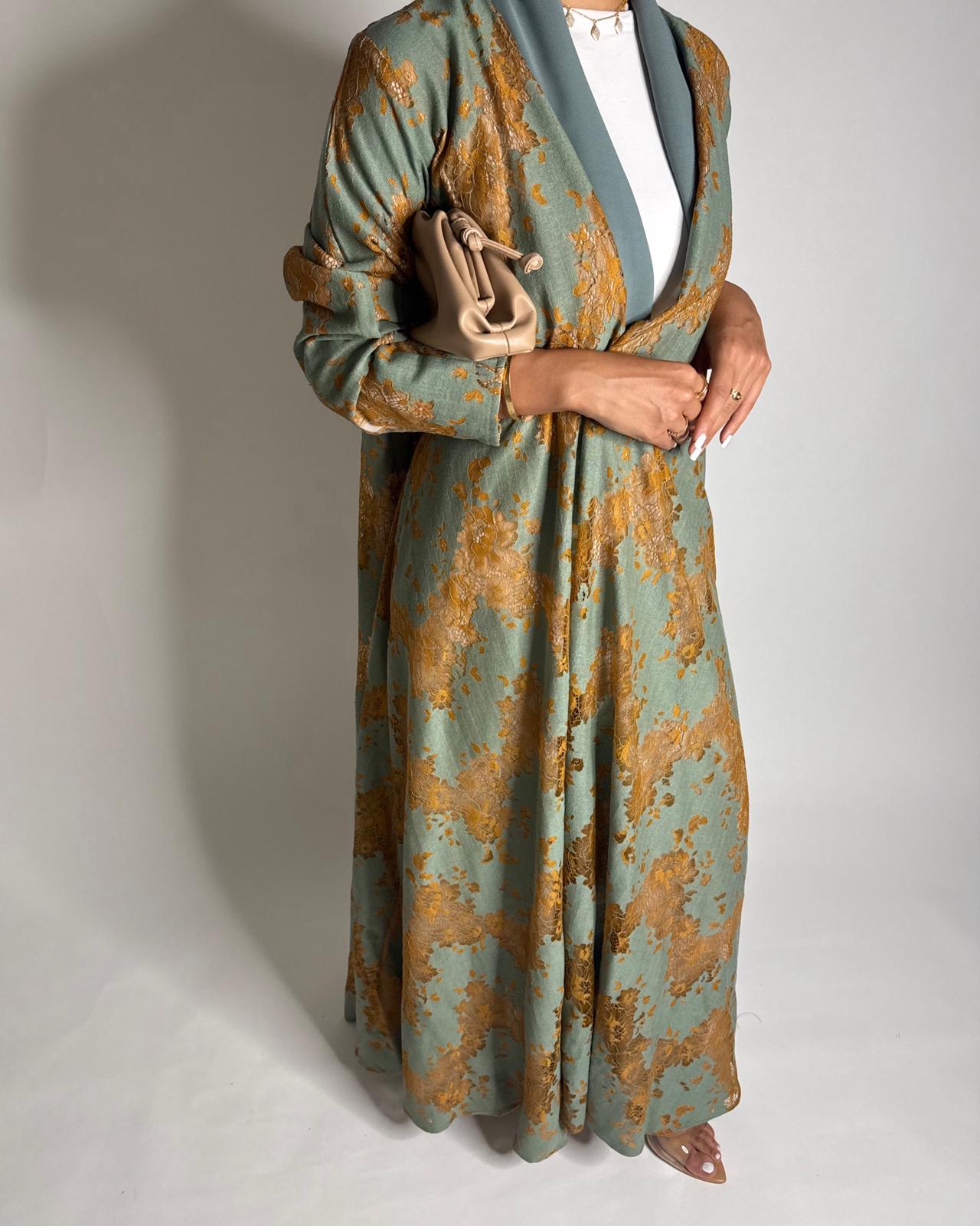 A595 - Green & Mustard Linen & Lace A-CUT Summery Abaya & Matching Head Scarf