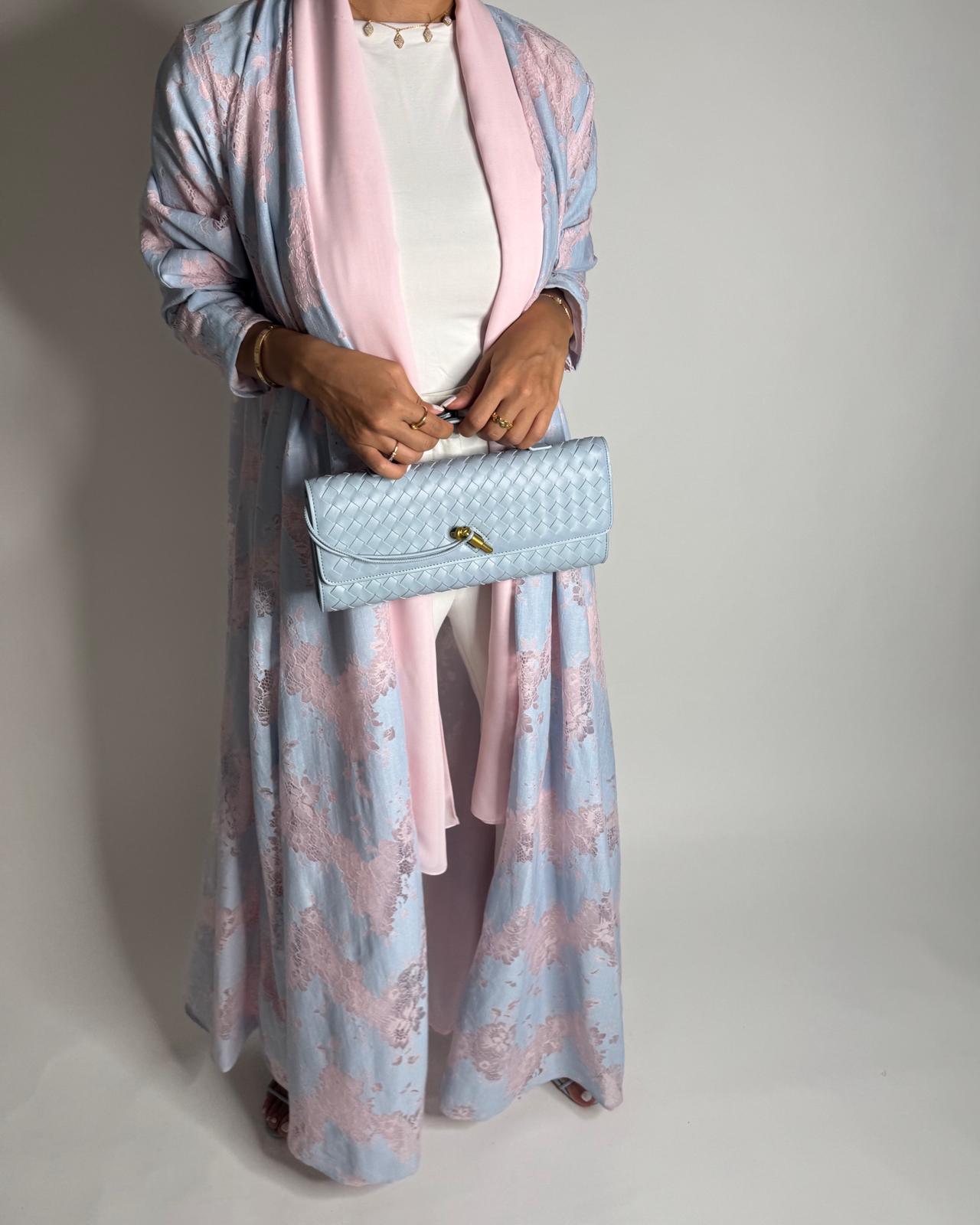 A601 - Baby Blue & Pink Linen & Lace A-CUT Summery Abaya & Matching Head Scarf