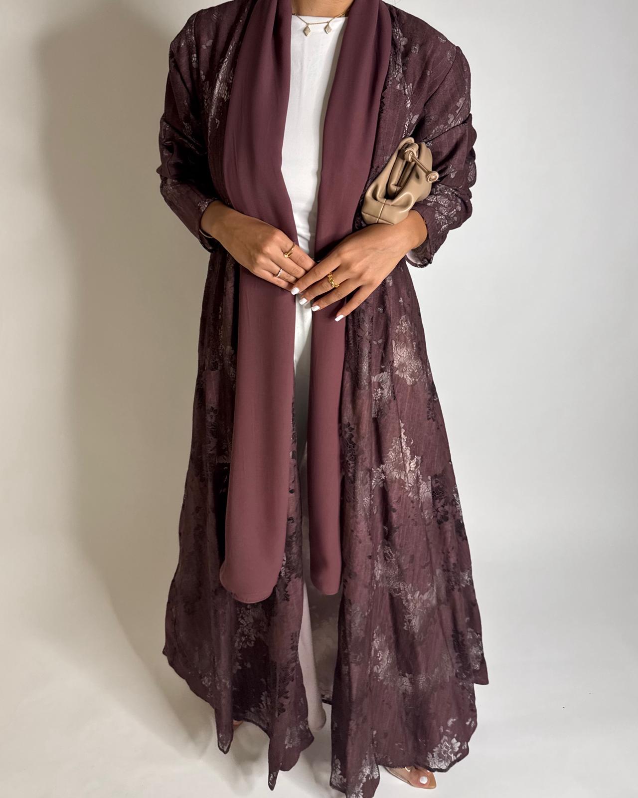 A589 - Maroon Linen & Lace A-CUT Summery Abaya & Matching Head Scarf