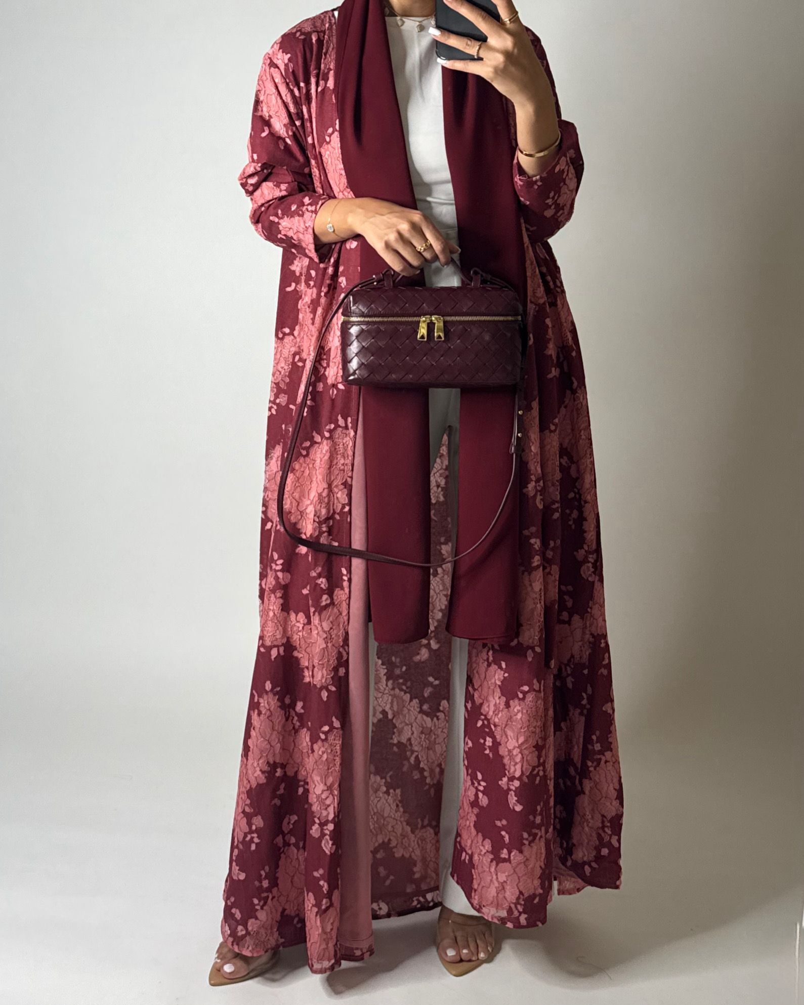 A598 - Maroon & Pink Linen & Lace A-CUT Summery Abaya & Matching Head Scarf