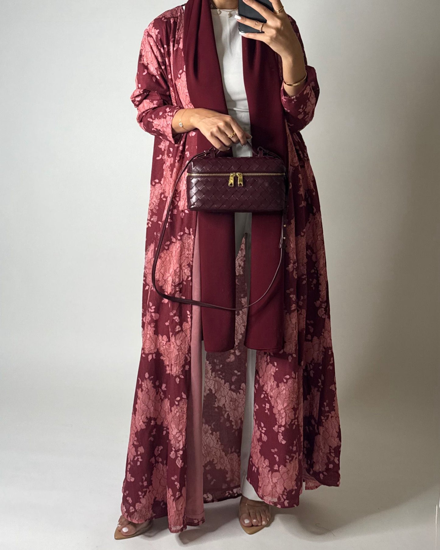 A598 - Maroon & Pink Linen & Lace A-CUT Summery Abaya & Matching Head Scarf