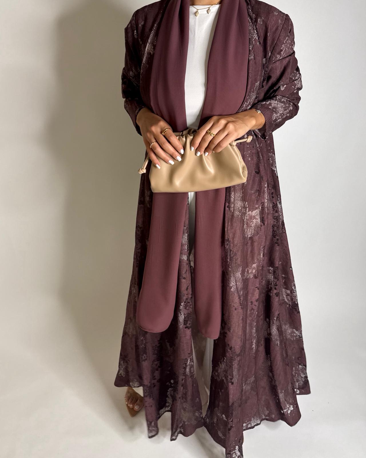 A589 - Maroon Linen & Lace A-CUT Summery Abaya & Matching Head Scarf