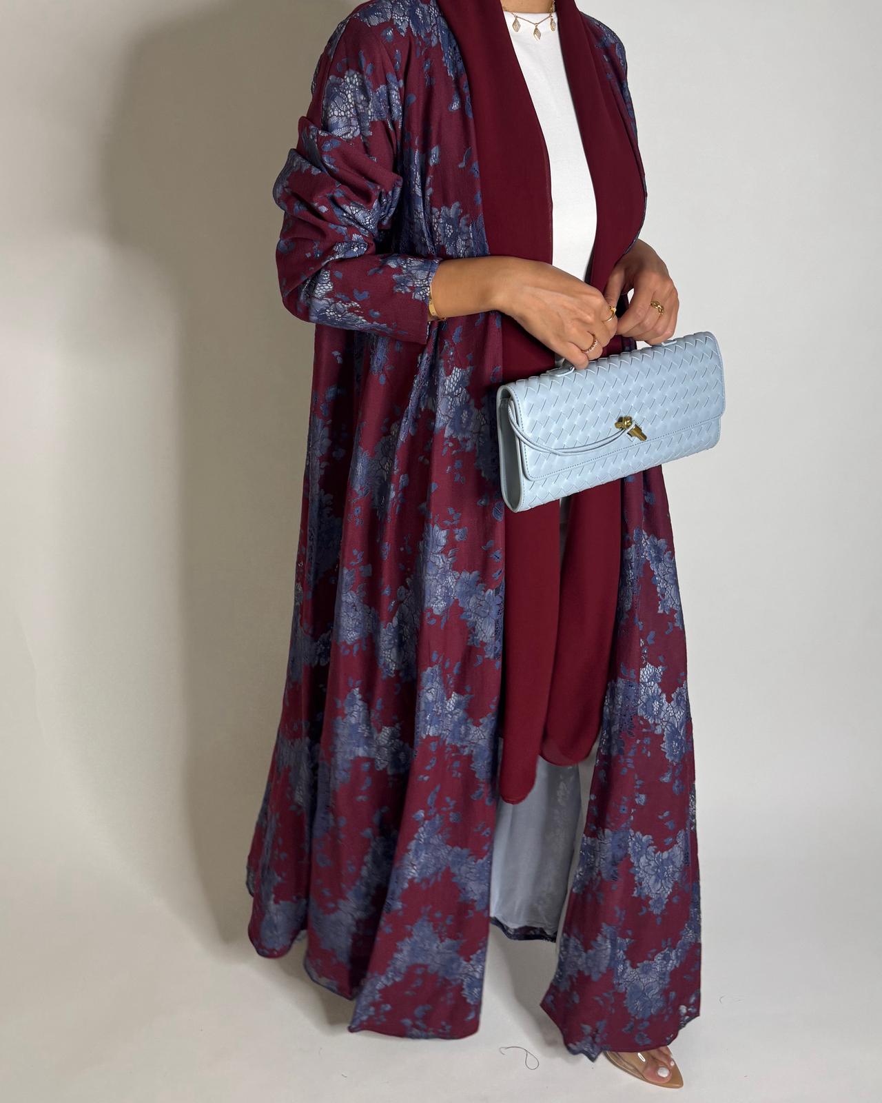 A597 - Maroon & Blue Linen & Lace A-CUT Summery Abaya & Matching Head Scarf
