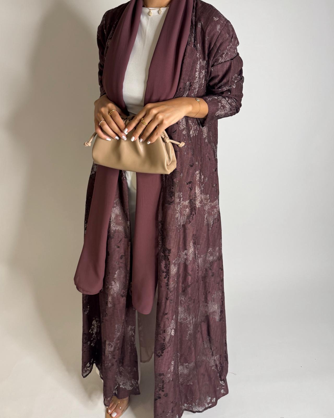 A589 - Maroon Linen & Lace A-CUT Summery Abaya & Matching Head Scarf