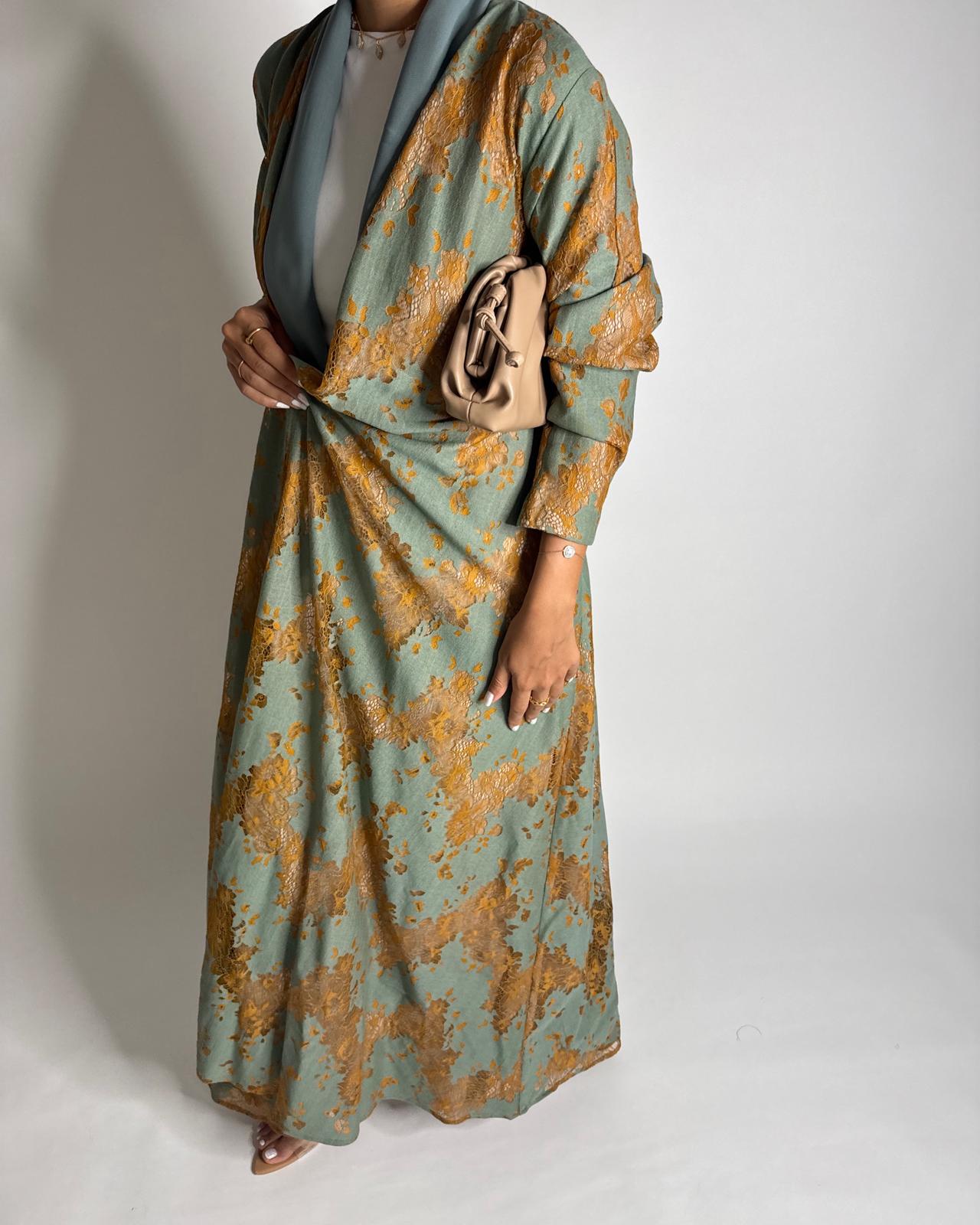 A595 - Green & Mustard Linen & Lace A-CUT Summery Abaya & Matching Head Scarf