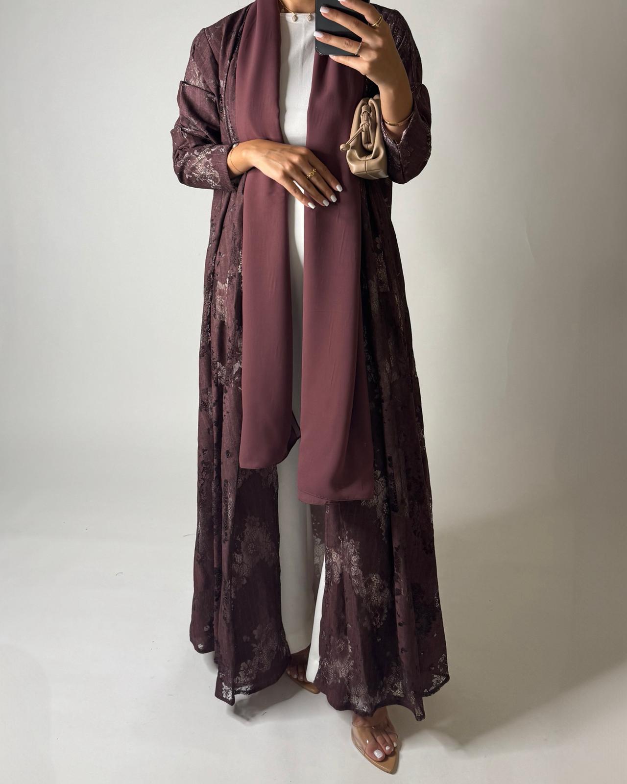 A589 - Maroon Linen & Lace A-CUT Summery Abaya & Matching Head Scarf