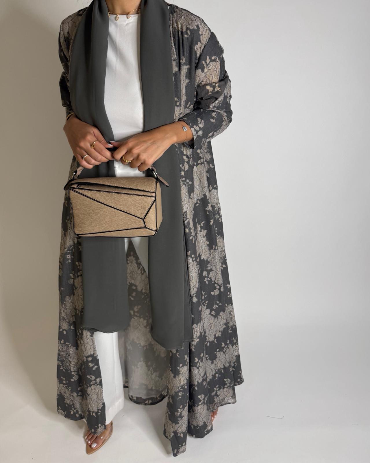 A602 - Gray & Cream Linen & Lace A-CUT Summery Abaya & Matching Head Scarf