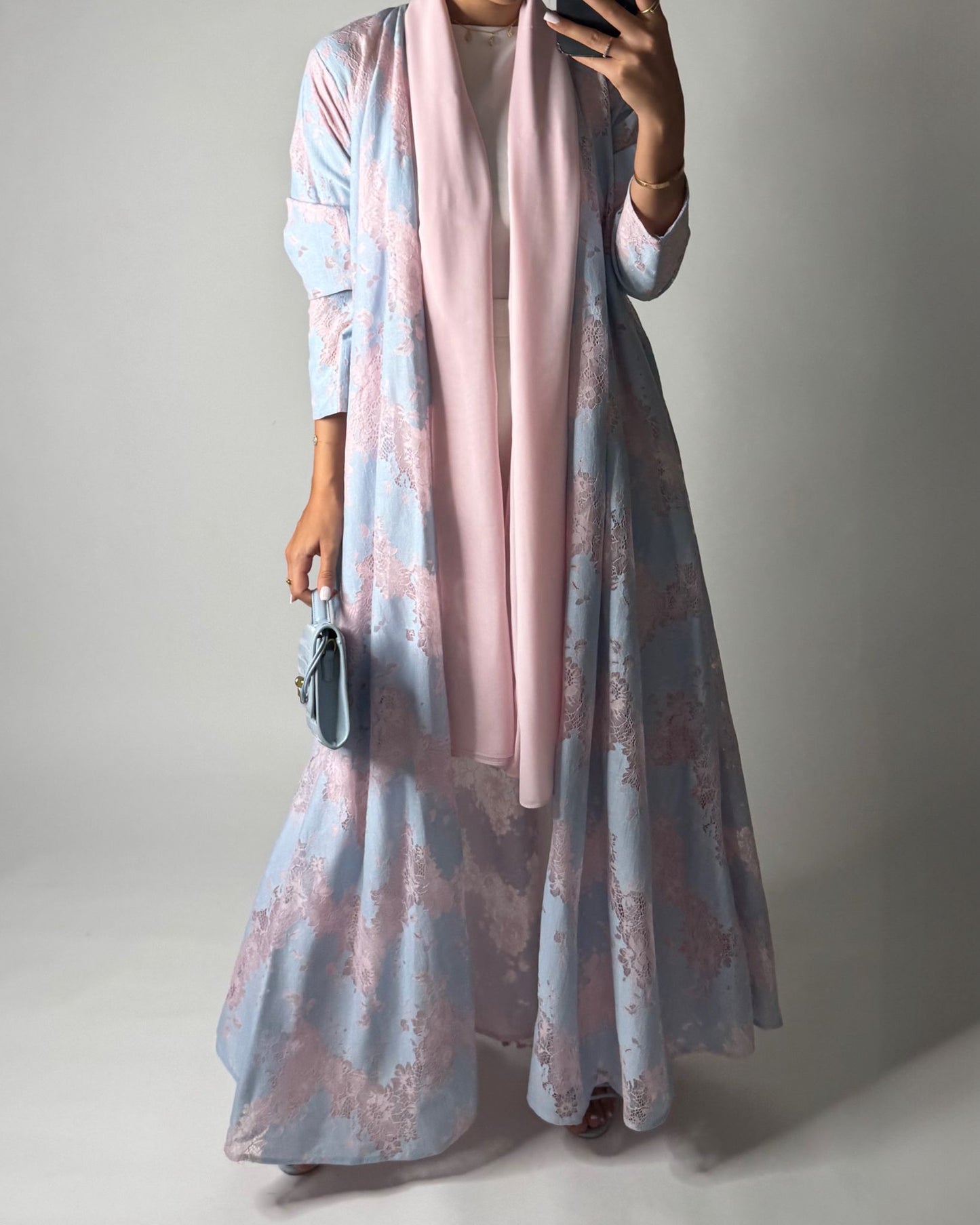 A601 - Baby Blue & Pink Linen & Lace A-CUT Summery Abaya & Matching Head Scarf
