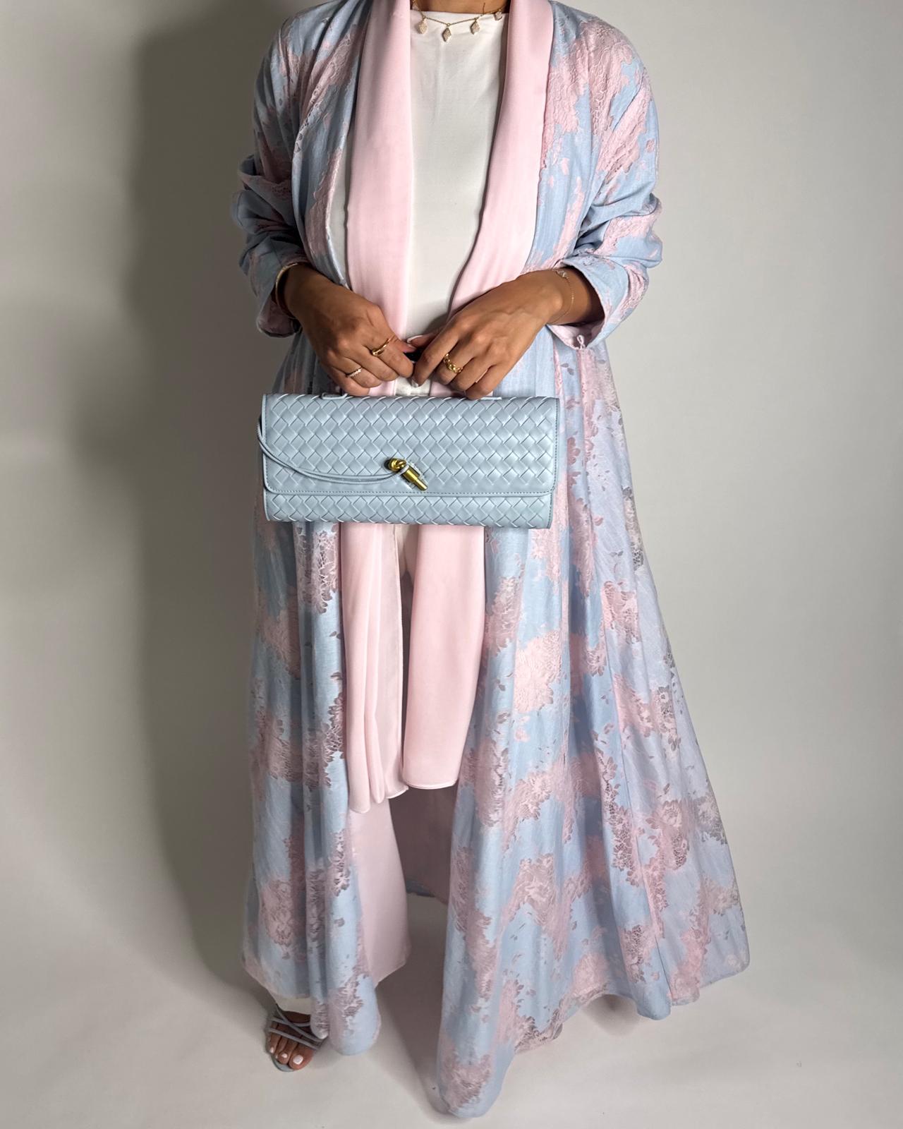 A601 - Baby Blue & Pink Linen & Lace A-CUT Summery Abaya & Matching Head Scarf