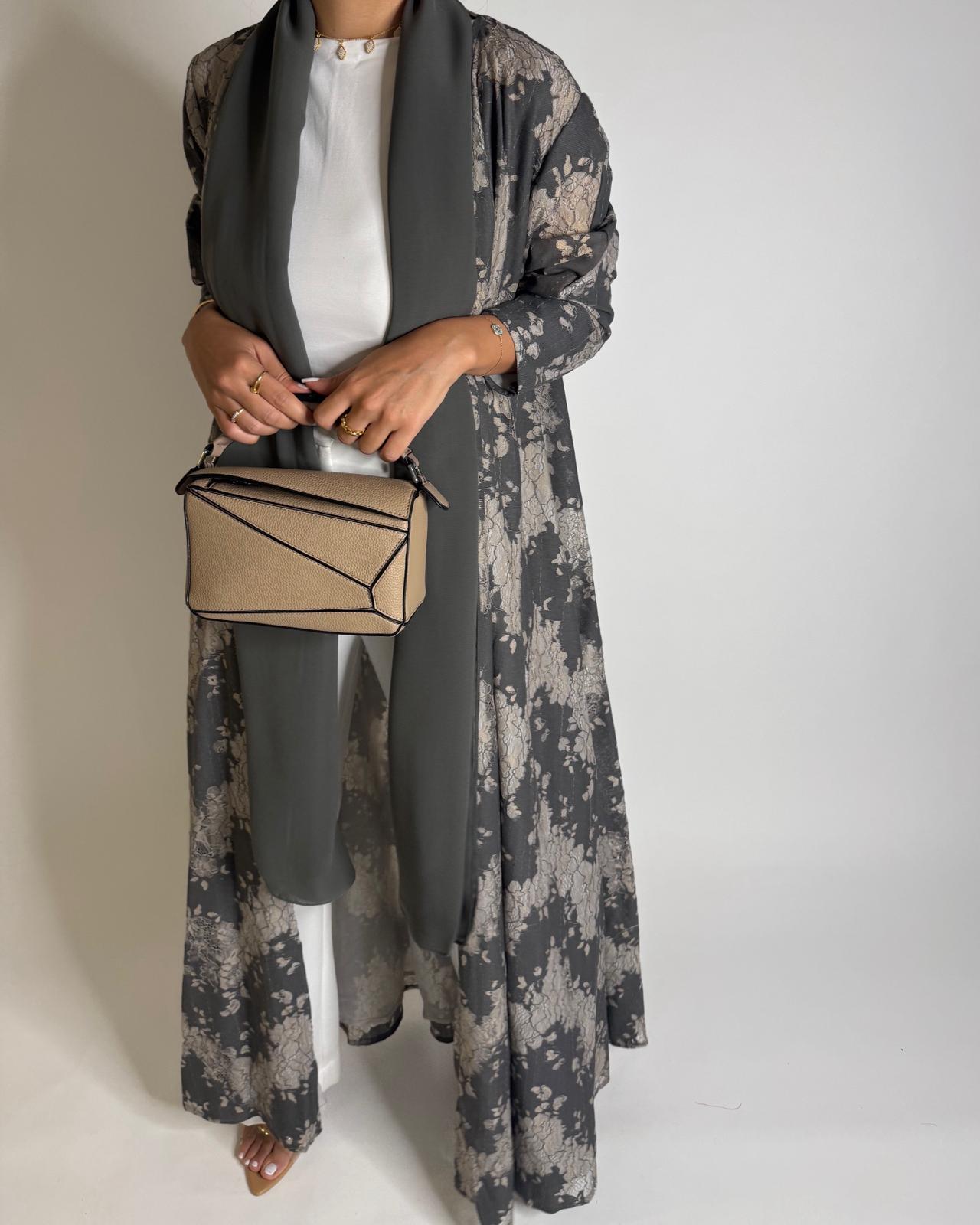 A602 - Gray & Cream Linen & Lace A-CUT Summery Abaya & Matching Head Scarf