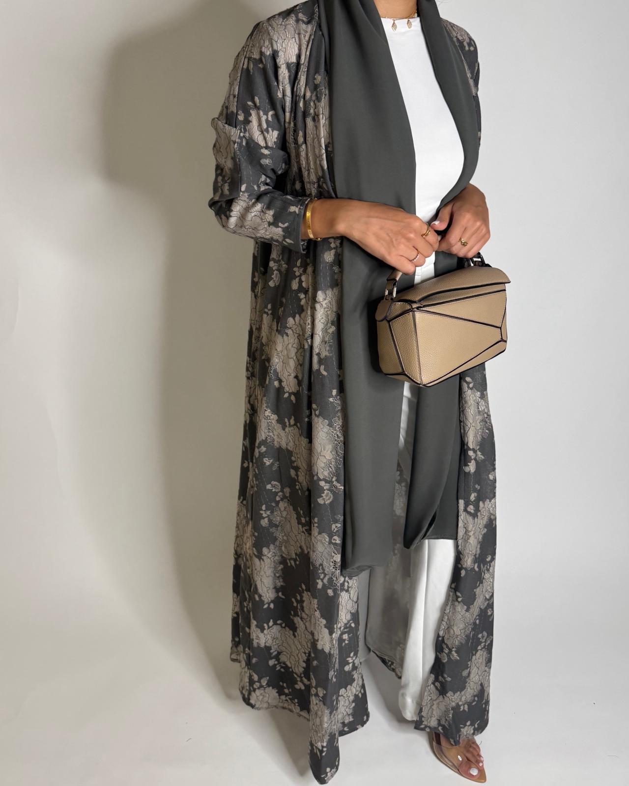 A602 - Gray & Cream Linen & Lace A-CUT Summery Abaya & Matching Head Scarf