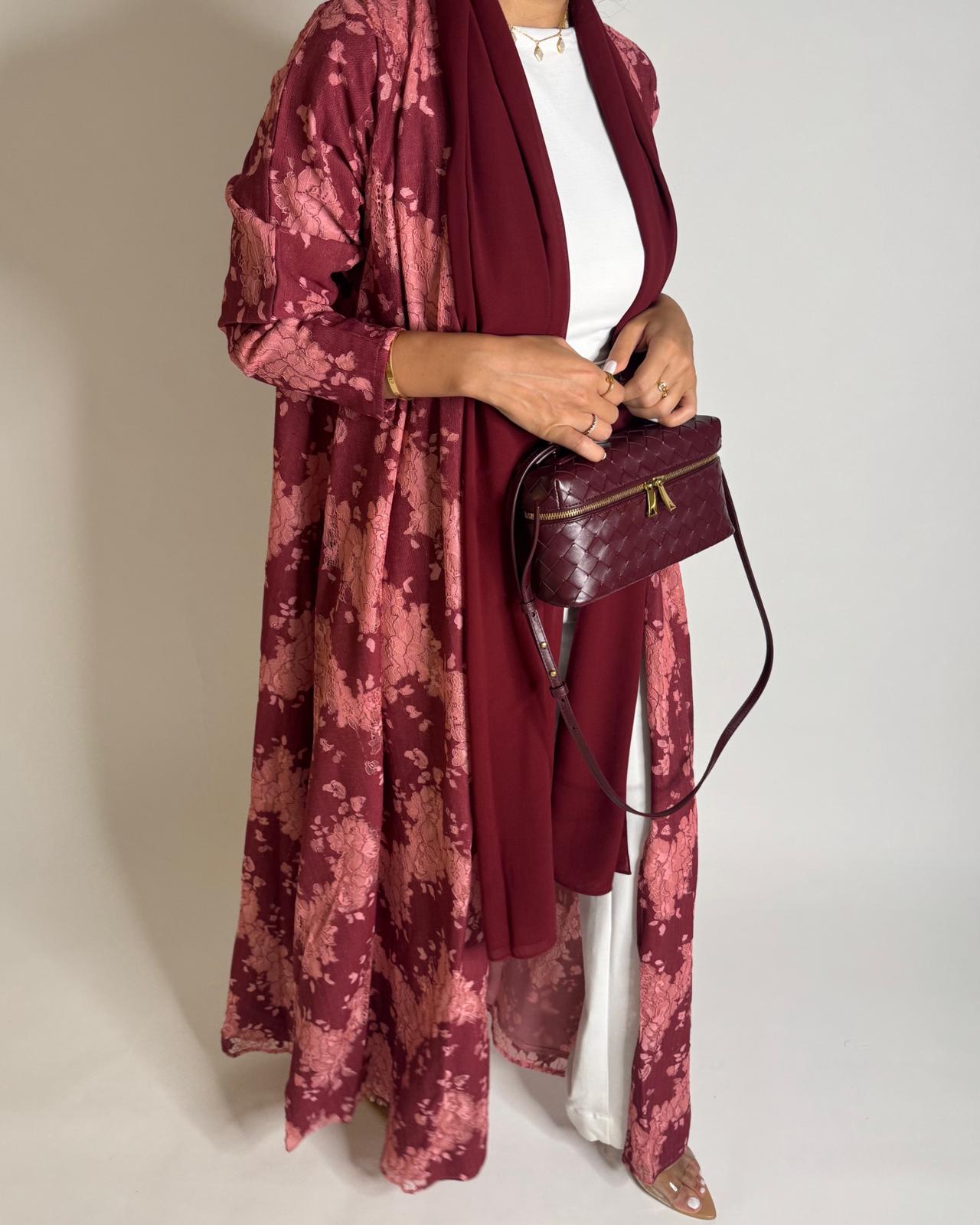 A598 - Maroon & Pink Linen & Lace A-CUT Summery Abaya & Matching Head Scarf