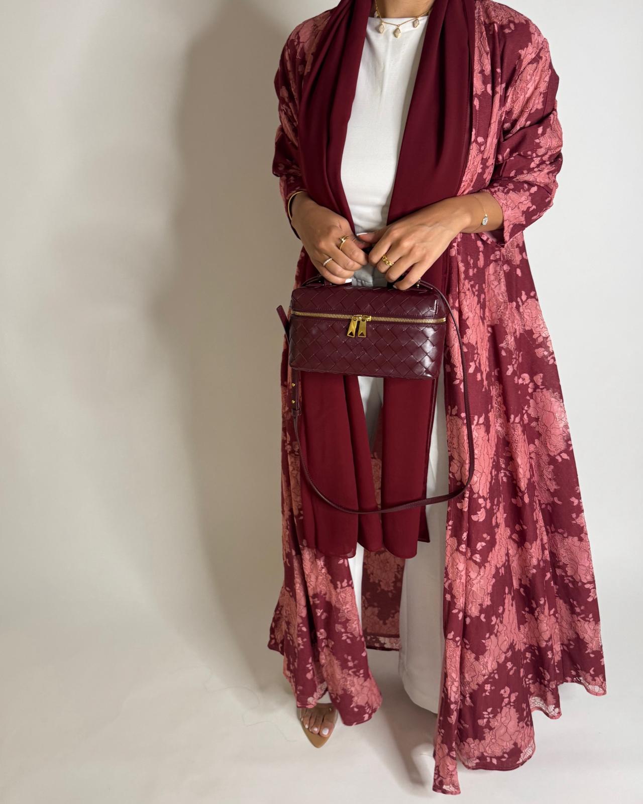 A598 - Maroon & Pink Linen & Lace A-CUT Summery Abaya & Matching Head Scarf