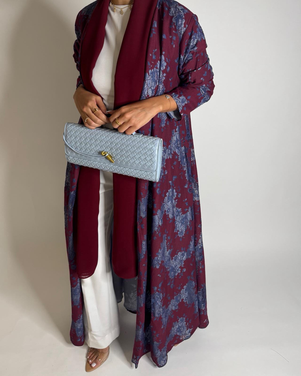 A597 - Maroon & Blue Linen & Lace A-CUT Summery Abaya & Matching Head Scarf
