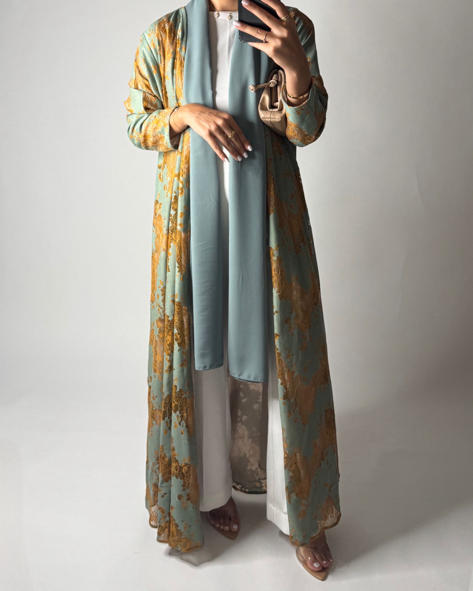 A595 - Green & Mustard Linen & Lace A-CUT Summery Abaya & Matching Head Scarf