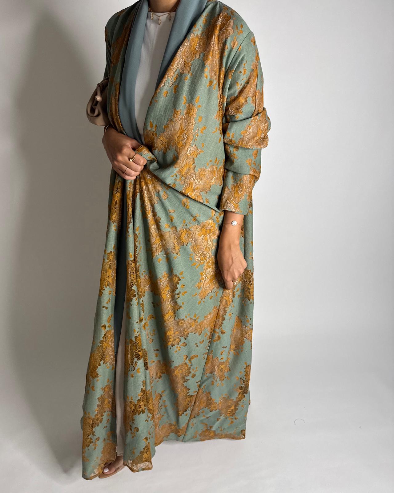 A595 - Green & Mustard Linen & Lace A-CUT Summery Abaya & Matching Head Scarf