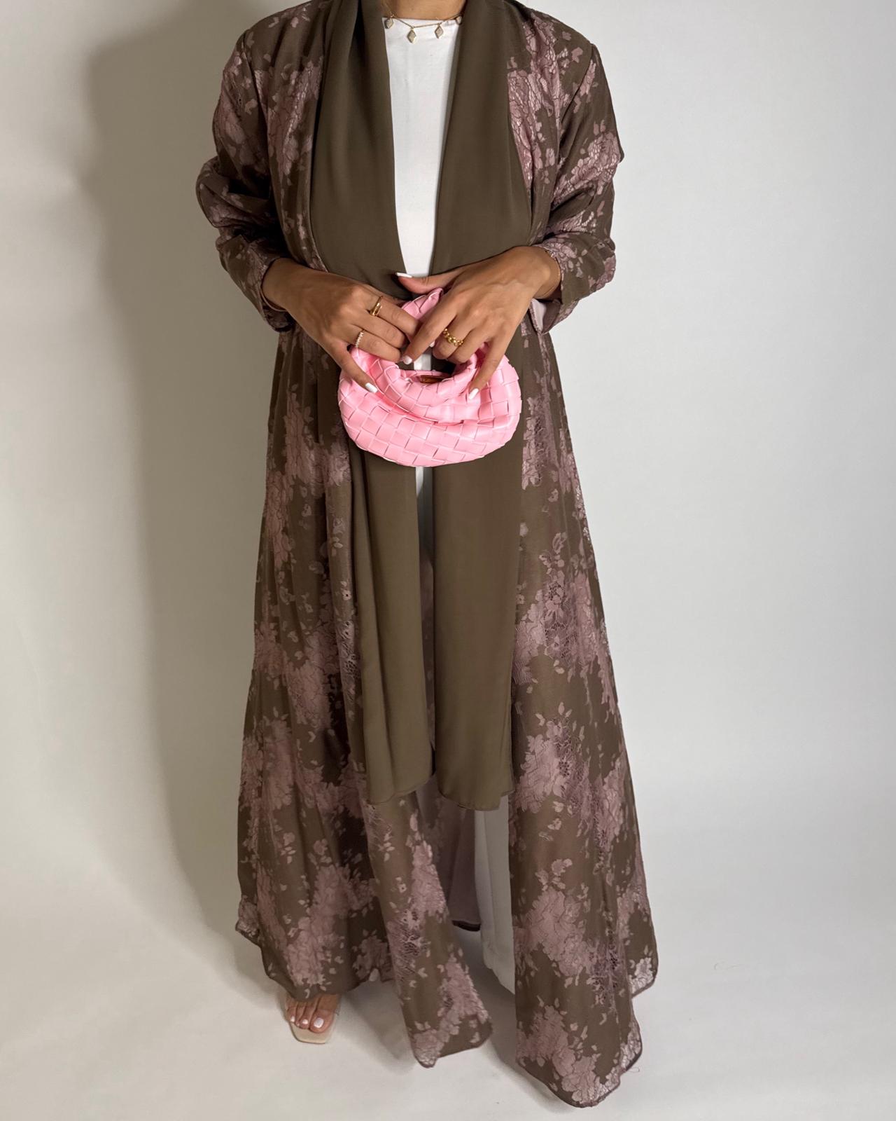 A599 - Brown & Pink Linen & Lace A-CUT Summery Abaya & Matching Head Scarf