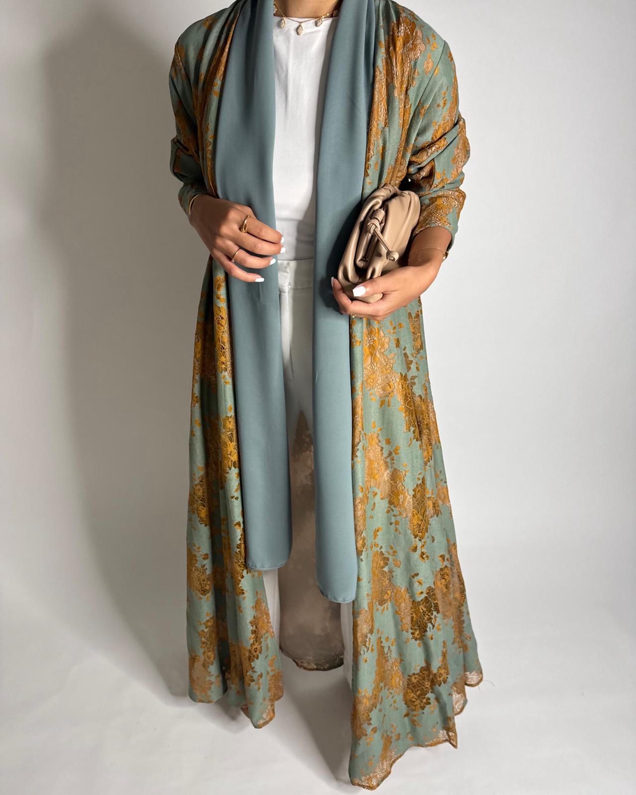 A595 - Green & Mustard Linen & Lace A-CUT Summery Abaya & Matching Head Scarf