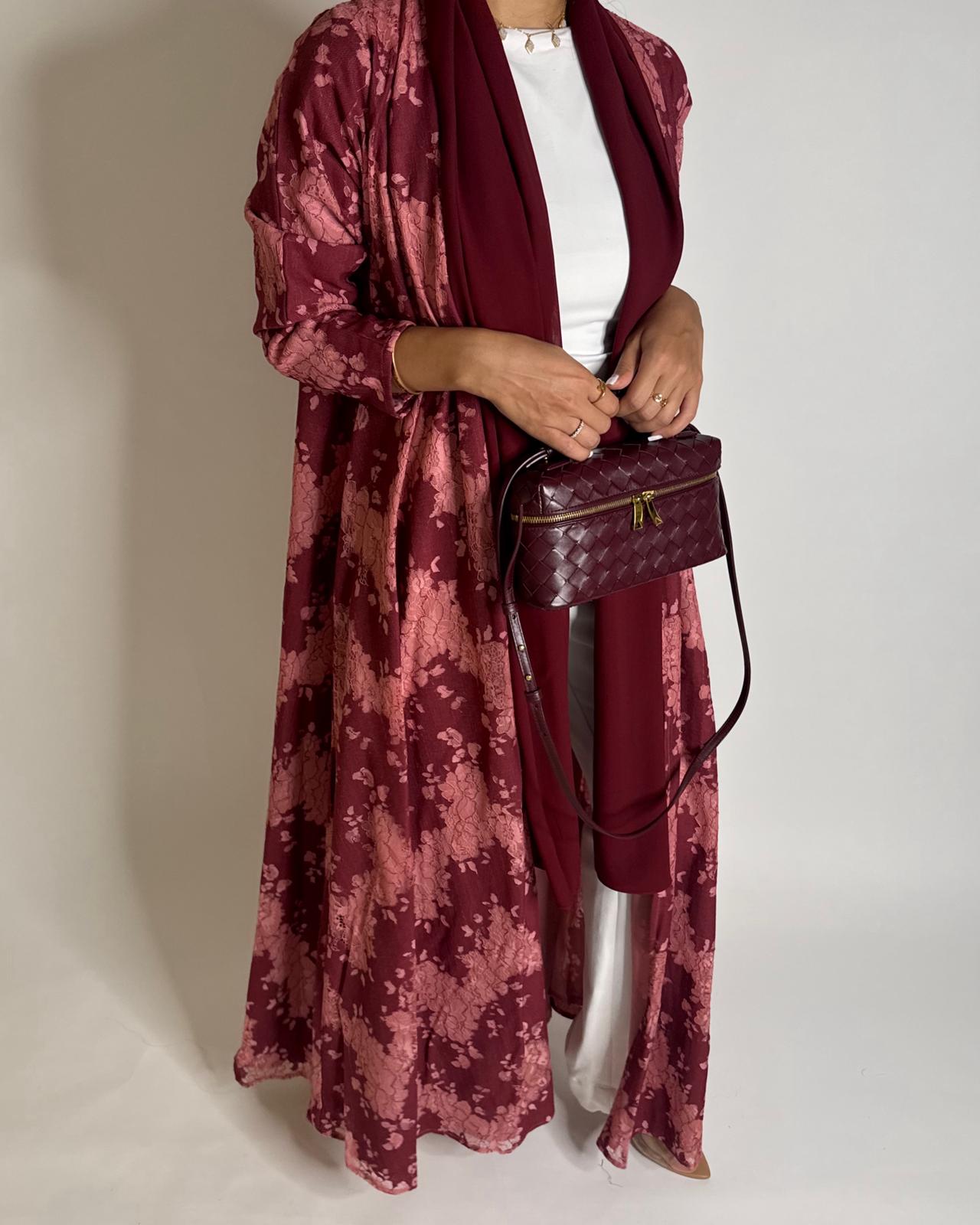 A598 - Maroon & Pink Linen & Lace A-CUT Summery Abaya & Matching Head Scarf