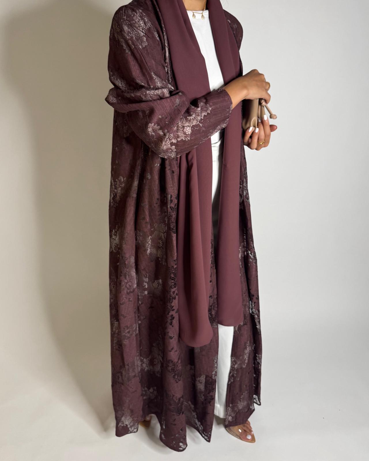 A589 - Maroon Linen & Lace A-CUT Summery Abaya & Matching Head Scarf