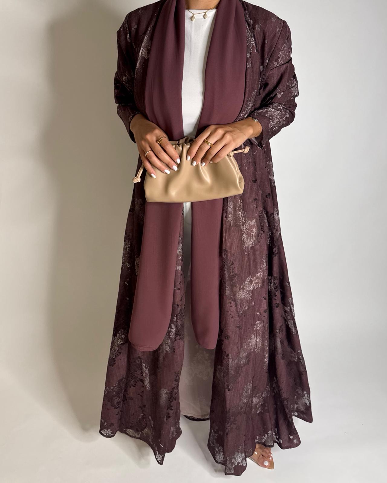 A589 - Maroon Linen & Lace A-CUT Summery Abaya & Matching Head Scarf
