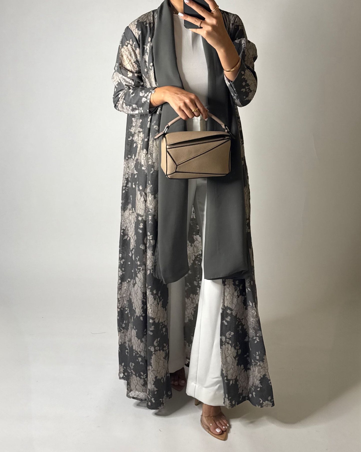 A602 - Gray & Cream Linen & Lace A-CUT Summery Abaya & Matching Head Scarf
