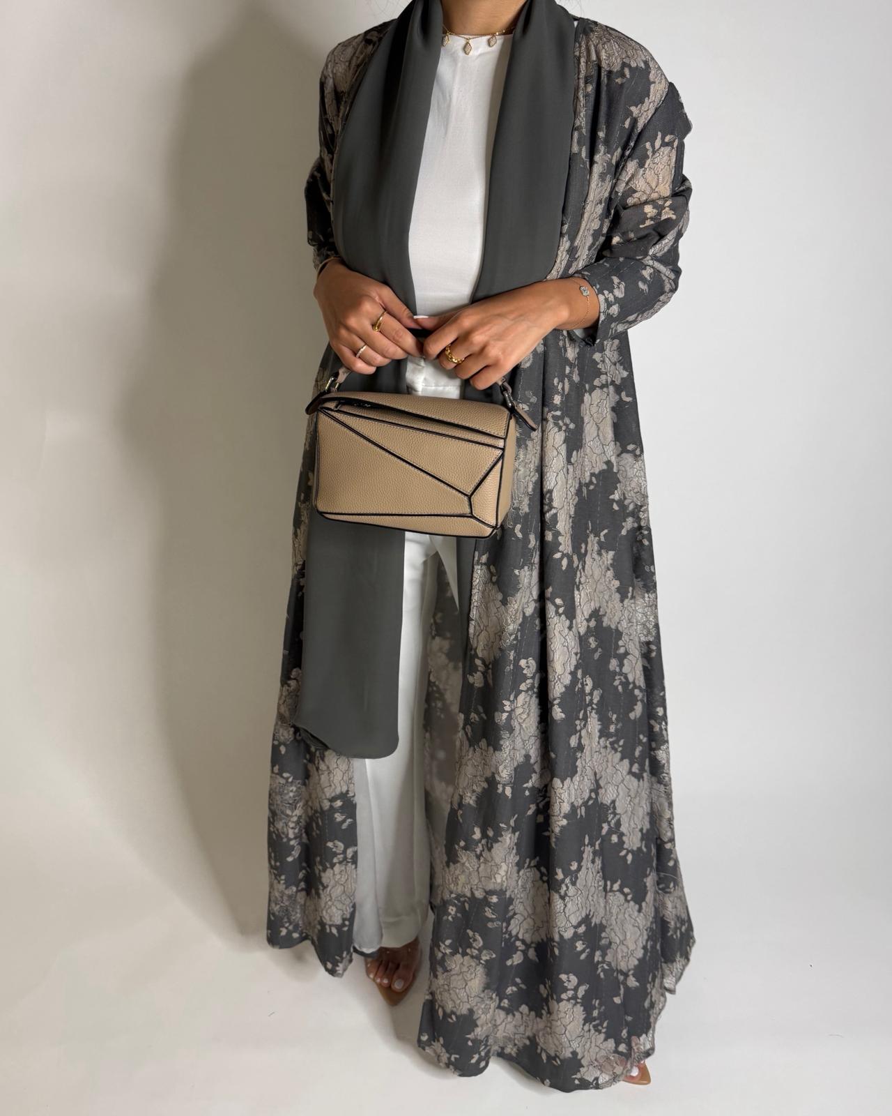 A602 - Gray & Cream Linen & Lace A-CUT Summery Abaya & Matching Head Scarf