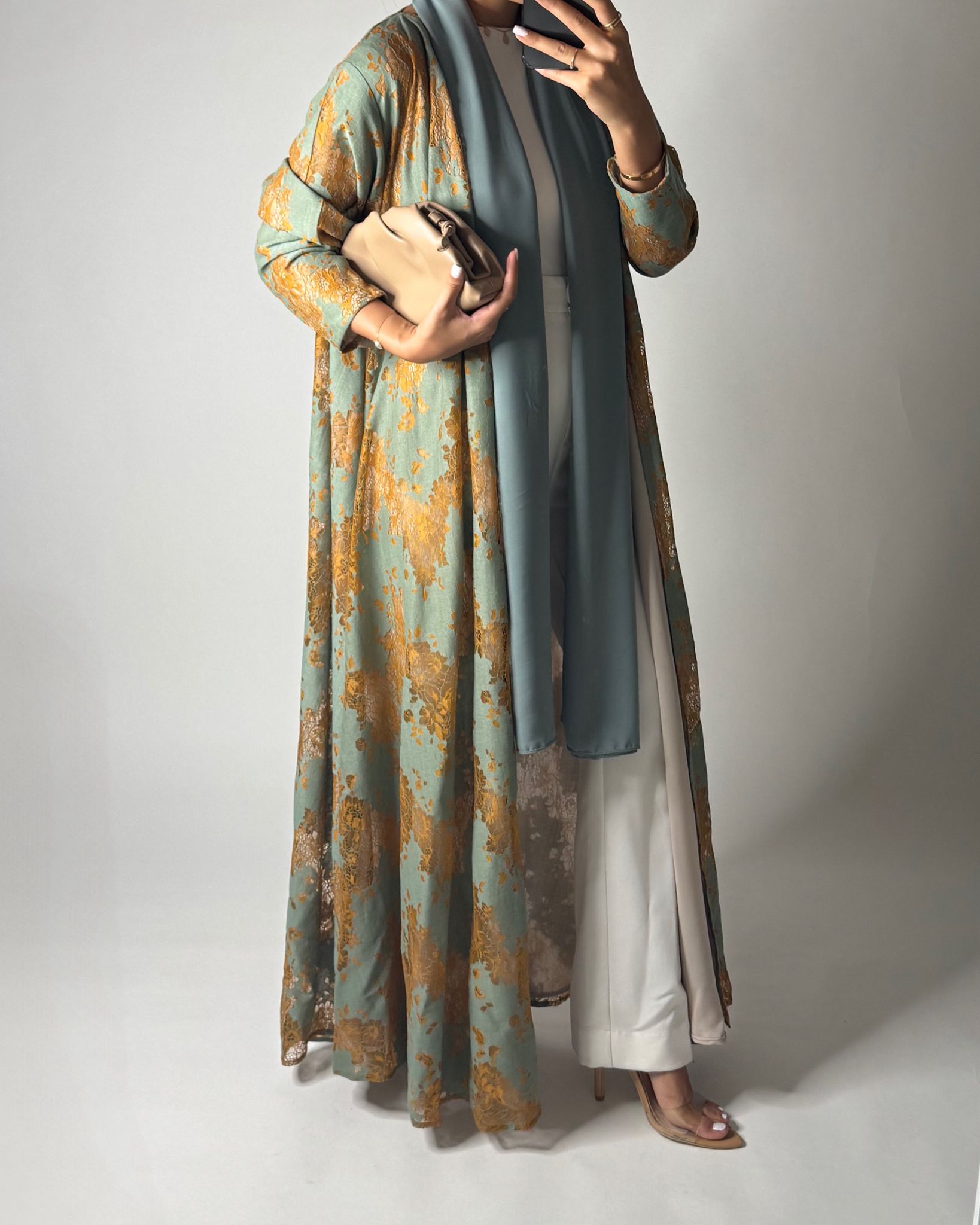 A595 - Green & Mustard Linen & Lace A-CUT Summery Abaya & Matching Head Scarf