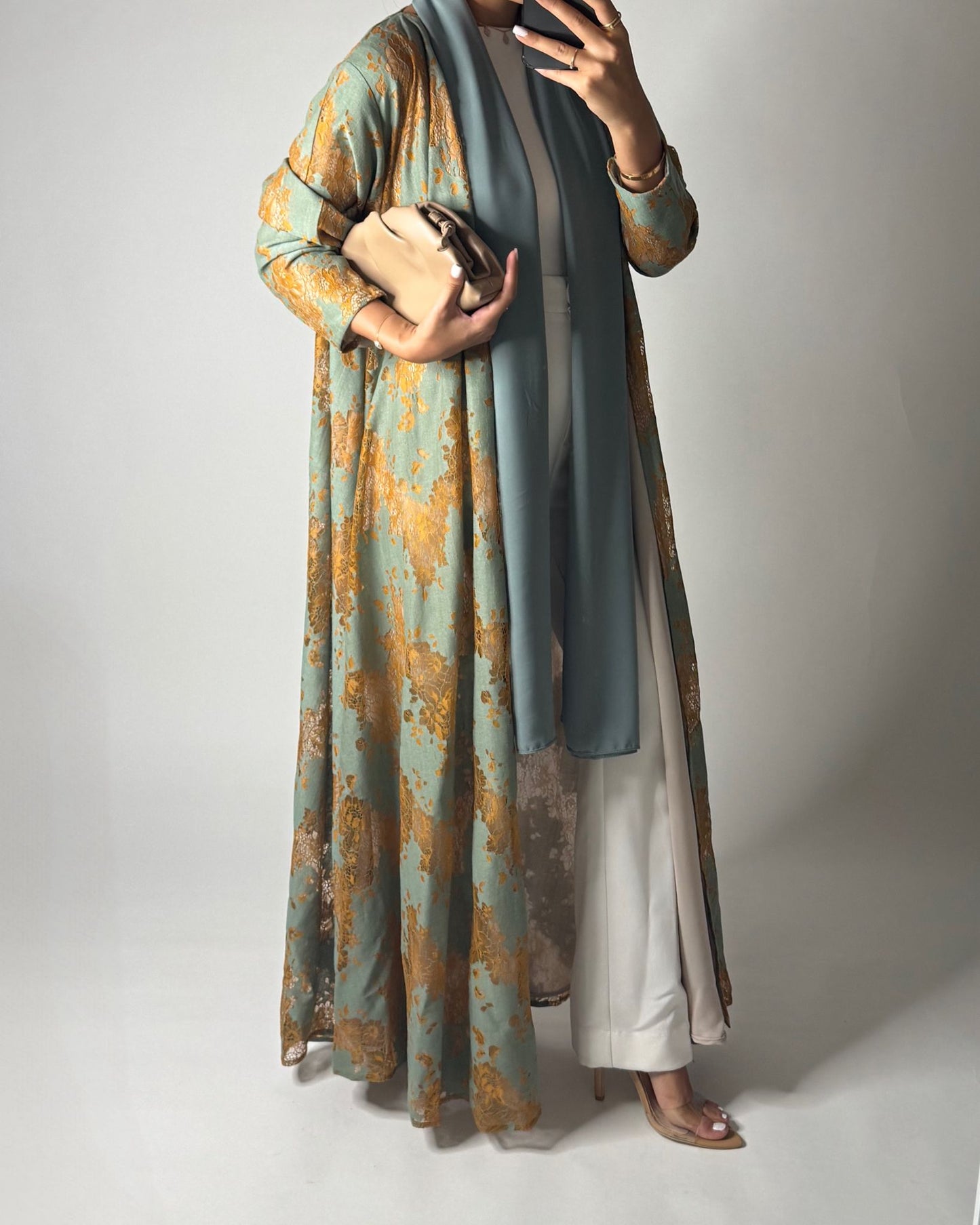 A595 - Green & Mustard Linen & Lace A-CUT Summery Abaya & Matching Head Scarf