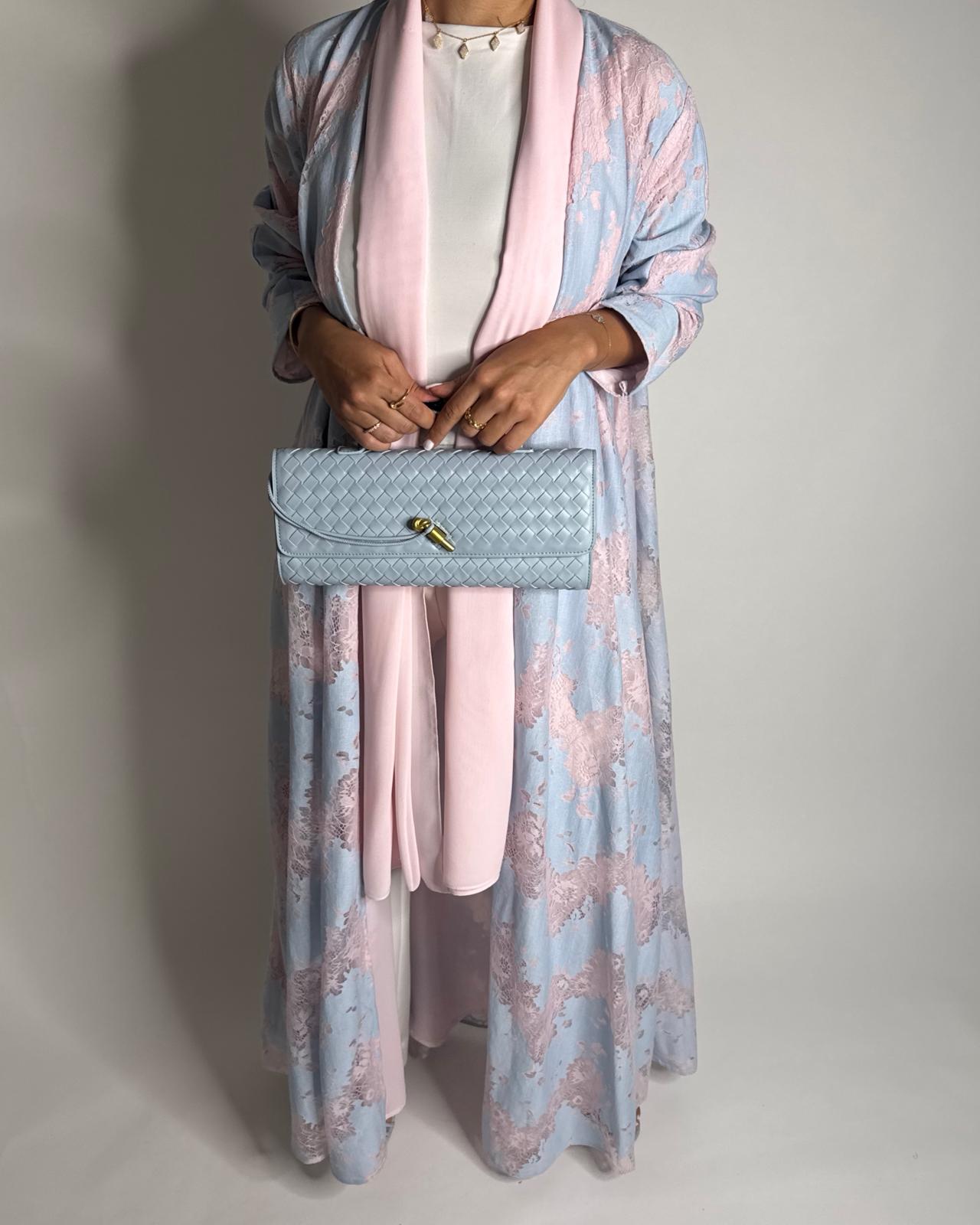 A601 - Baby Blue & Pink Linen & Lace A-CUT Summery Abaya & Matching Head Scarf
