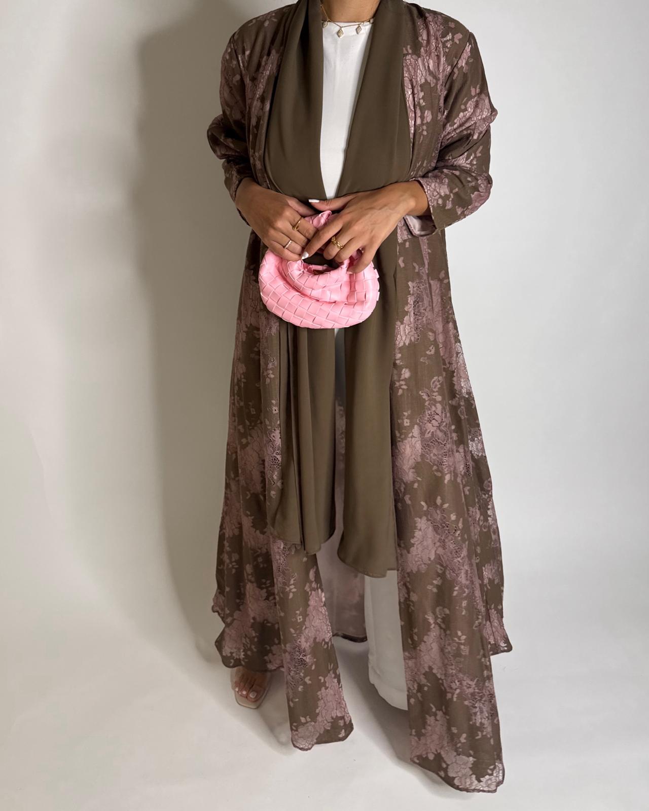 A599 - Brown & Pink Linen & Lace A-CUT Summery Abaya & Matching Head Scarf