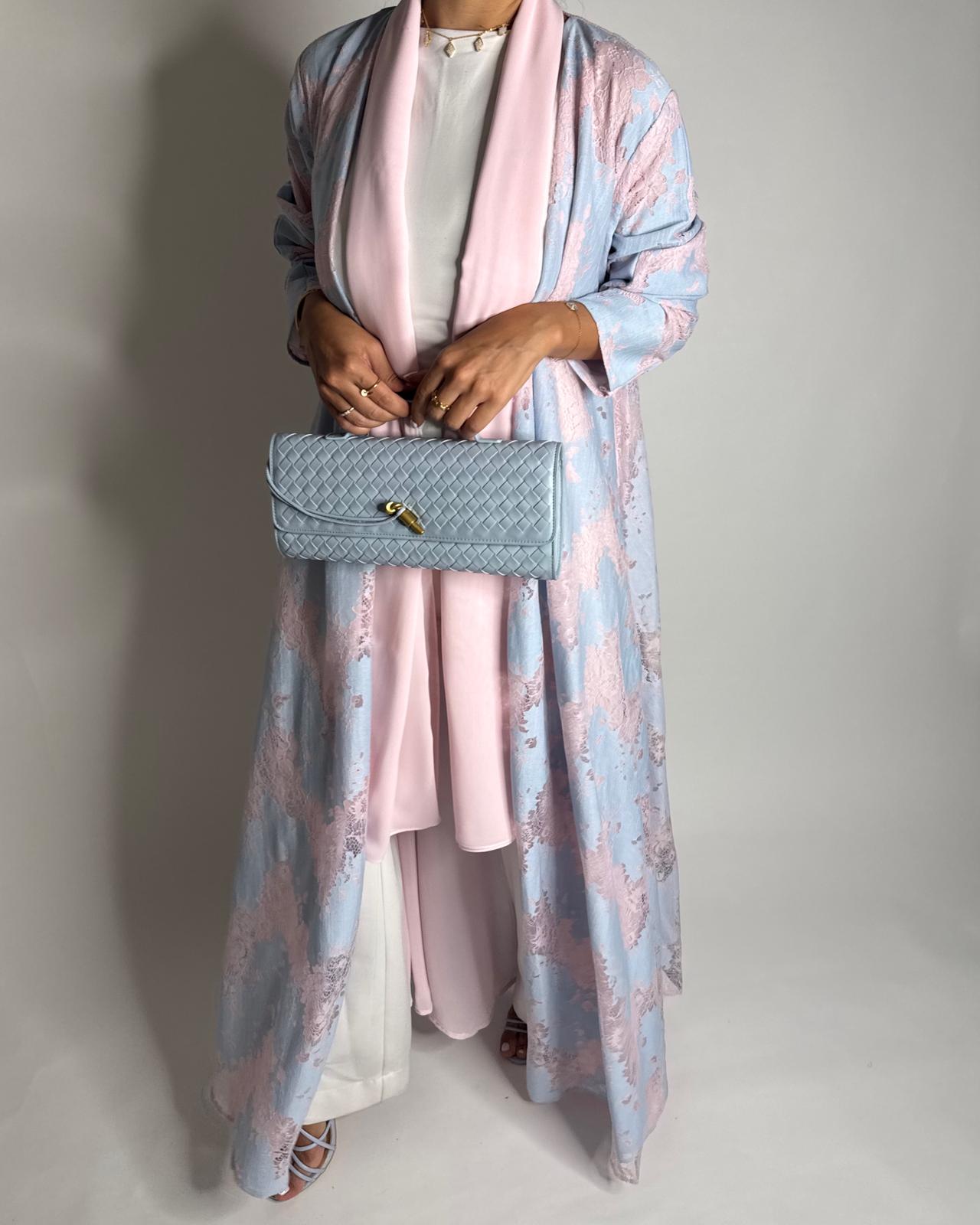 A601 - Baby Blue & Pink Linen & Lace A-CUT Summery Abaya & Matching Head Scarf