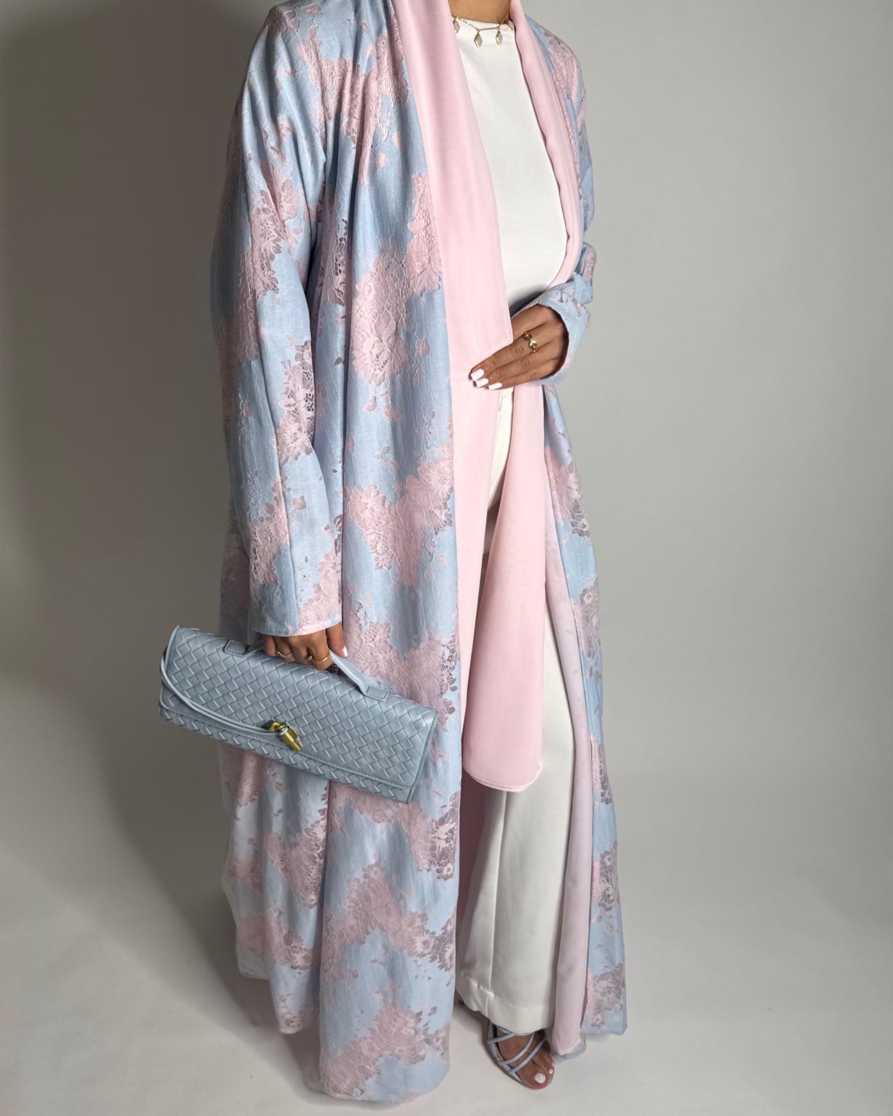 A601 - Baby Blue & Pink Linen & Lace A-CUT Summery Abaya & Matching Head Scarf