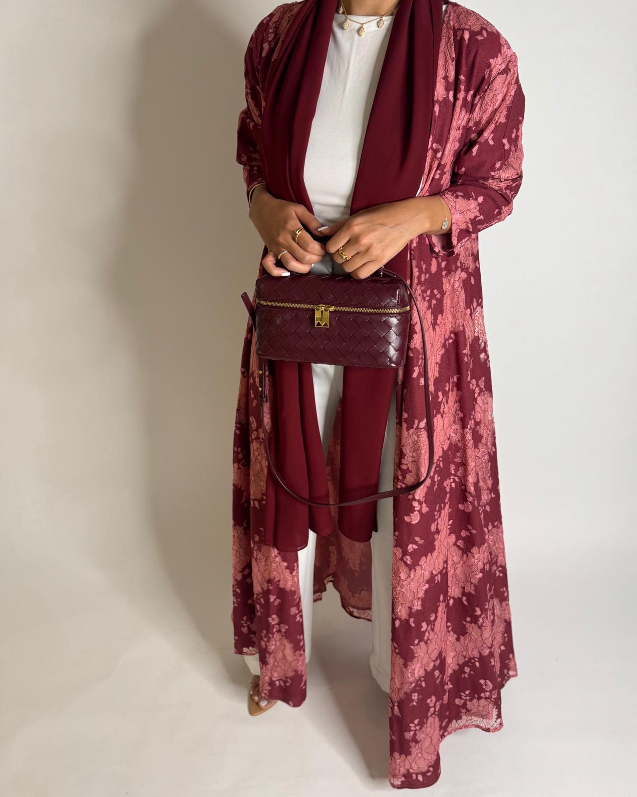A598 - Maroon & Pink Linen & Lace A-CUT Summery Abaya & Matching Head Scarf