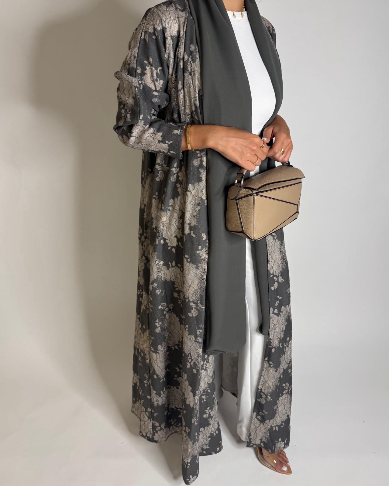A602 - Gray & Cream Linen & Lace A-CUT Summery Abaya & Matching Head Scarf