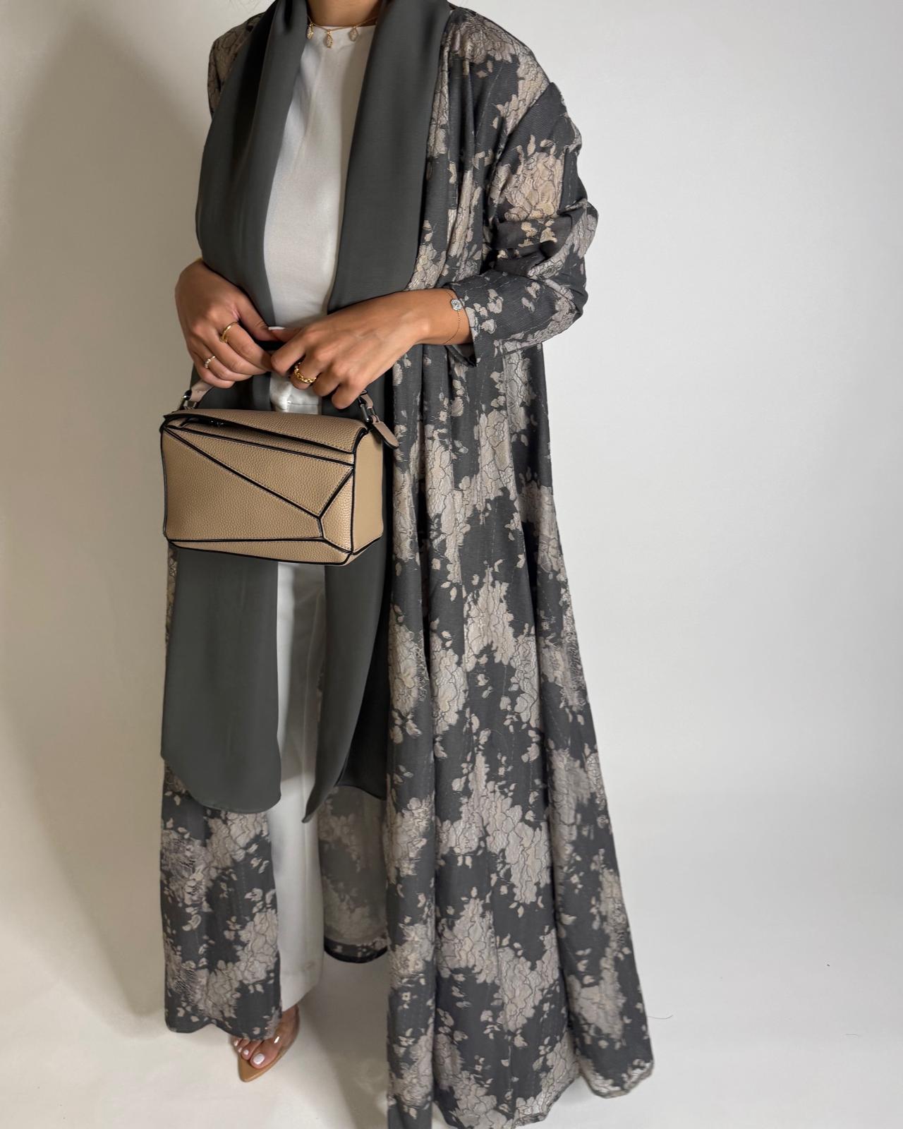 A602 - Gray & Cream Linen & Lace A-CUT Summery Abaya & Matching Head Scarf
