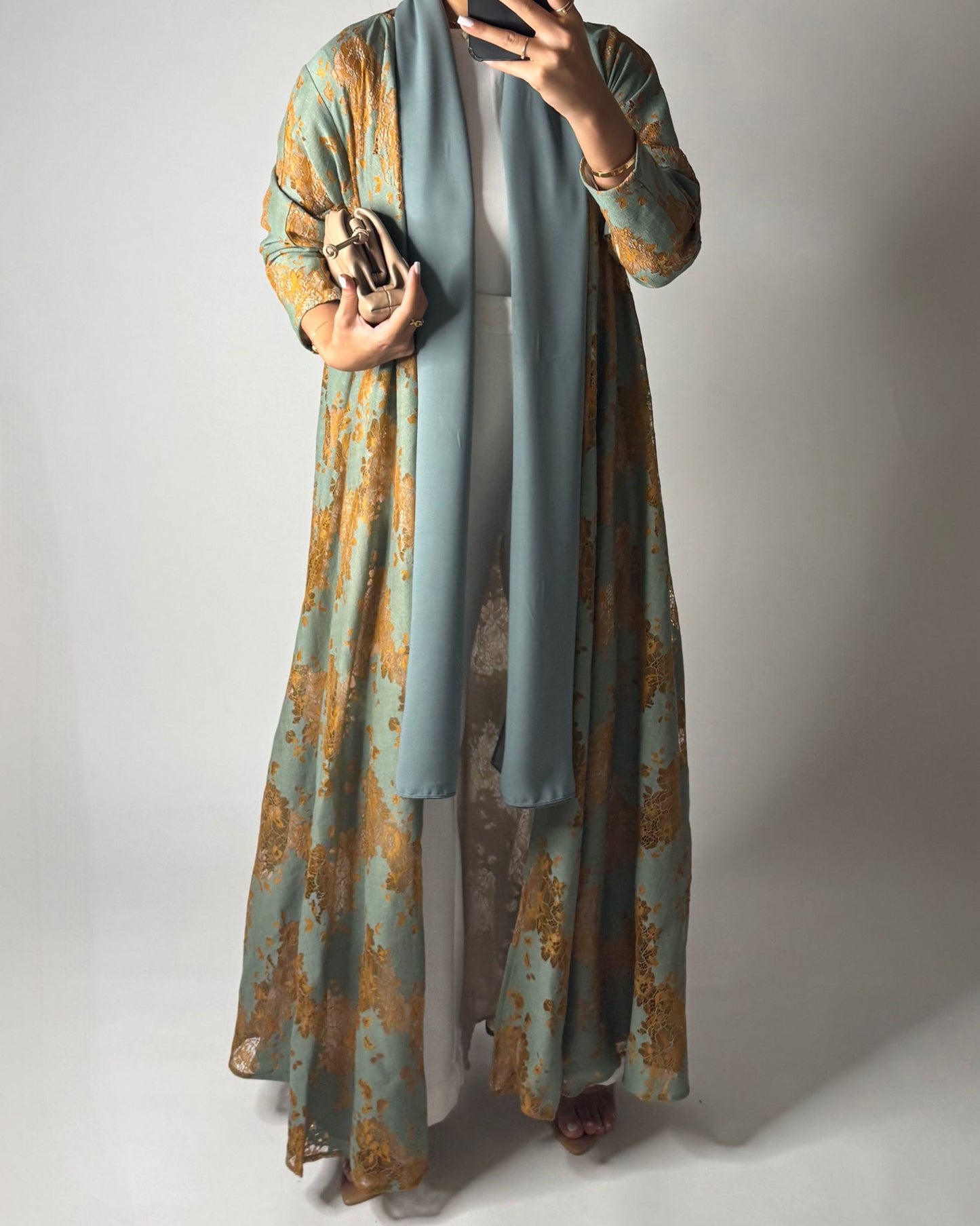 A595 - Green & Mustard Linen & Lace A-CUT Summery Abaya & Matching Head Scarf