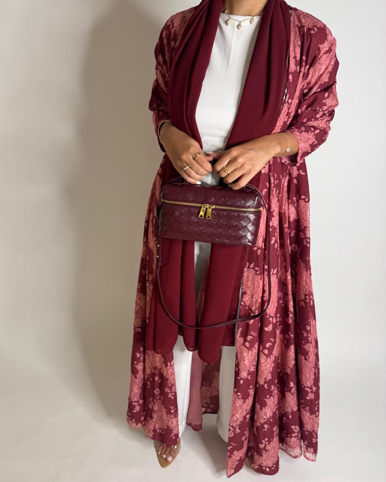 A598 - Maroon & Pink Linen & Lace A-CUT Summery Abaya & Matching Head Scarf