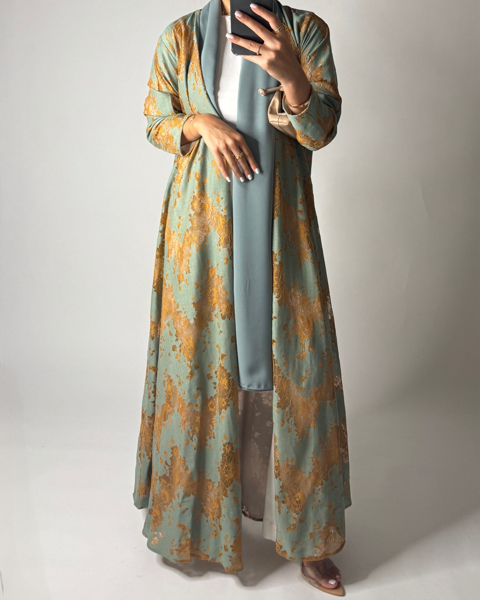 A595 - Green & Mustard Linen & Lace A-CUT Summery Abaya & Matching Head Scarf