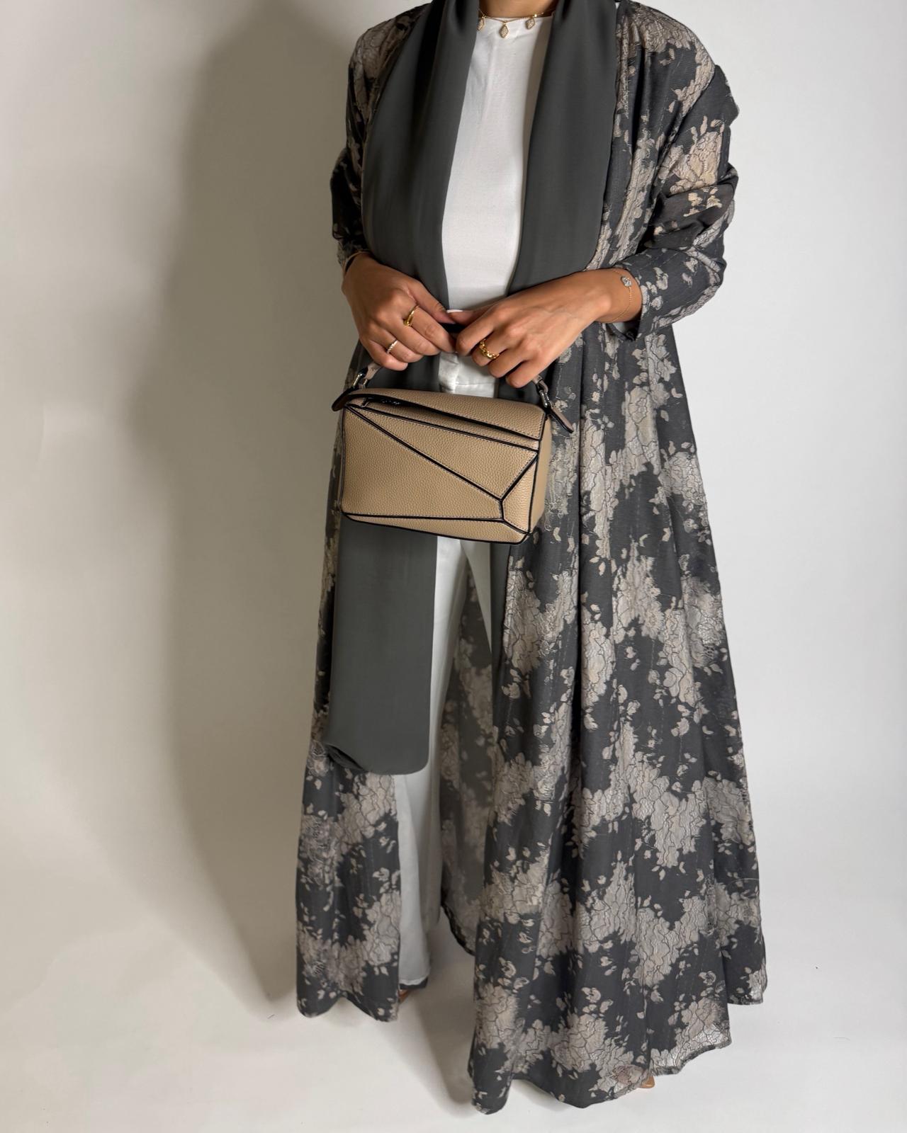 A602 - Gray & Cream Linen & Lace A-CUT Summery Abaya & Matching Head Scarf