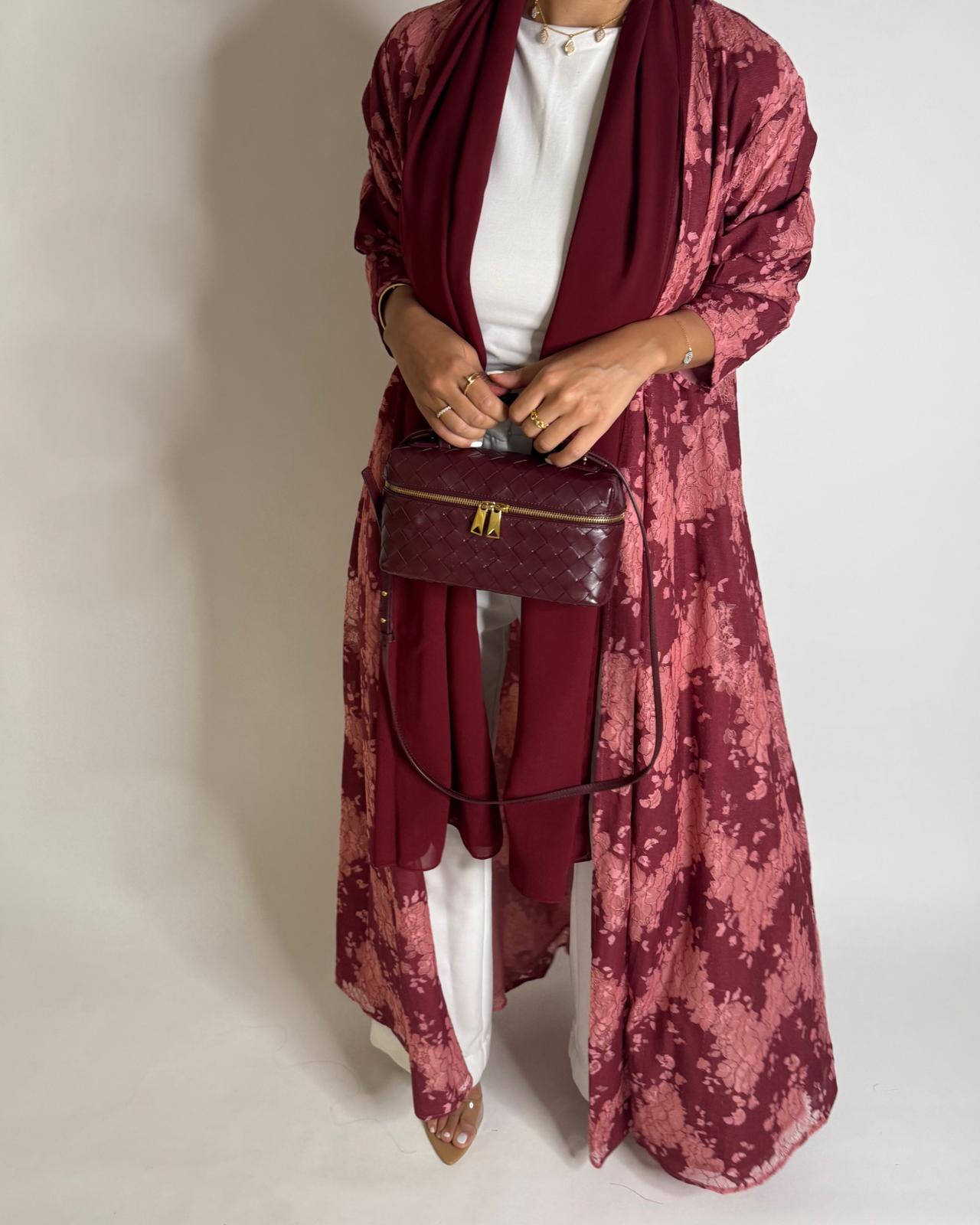 A598 - Maroon & Pink Linen & Lace A-CUT Summery Abaya & Matching Head Scarf
