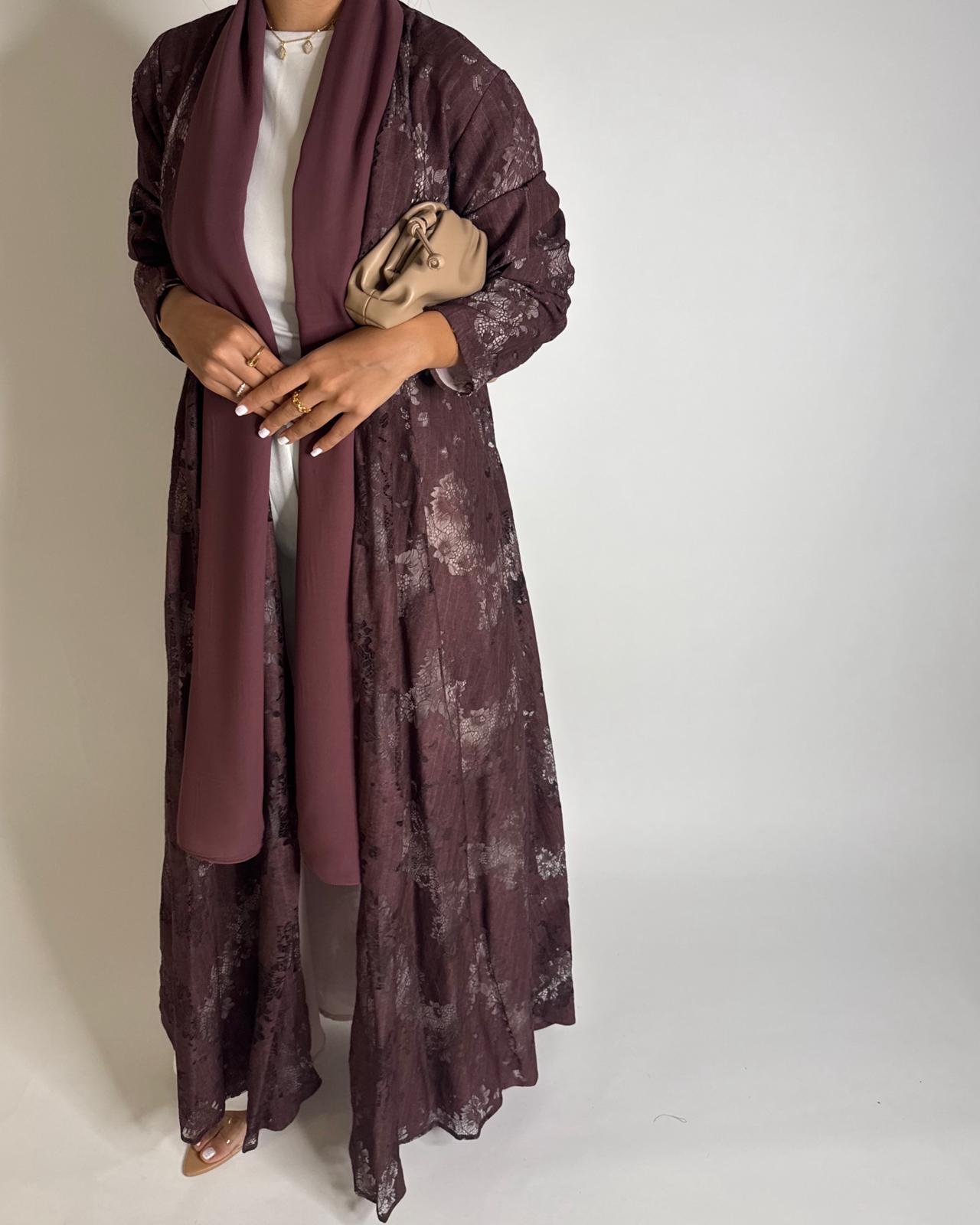 A589 - Maroon Linen & Lace A-CUT Summery Abaya & Matching Head Scarf