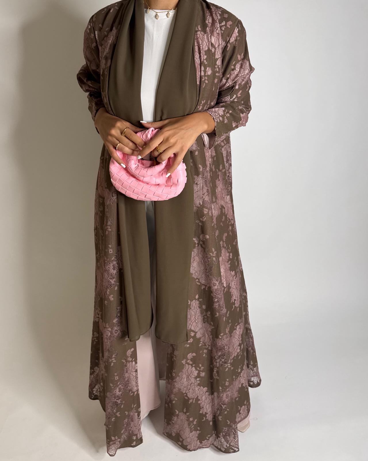 A599 - Brown & Pink Linen & Lace A-CUT Summery Abaya & Matching Head Scarf