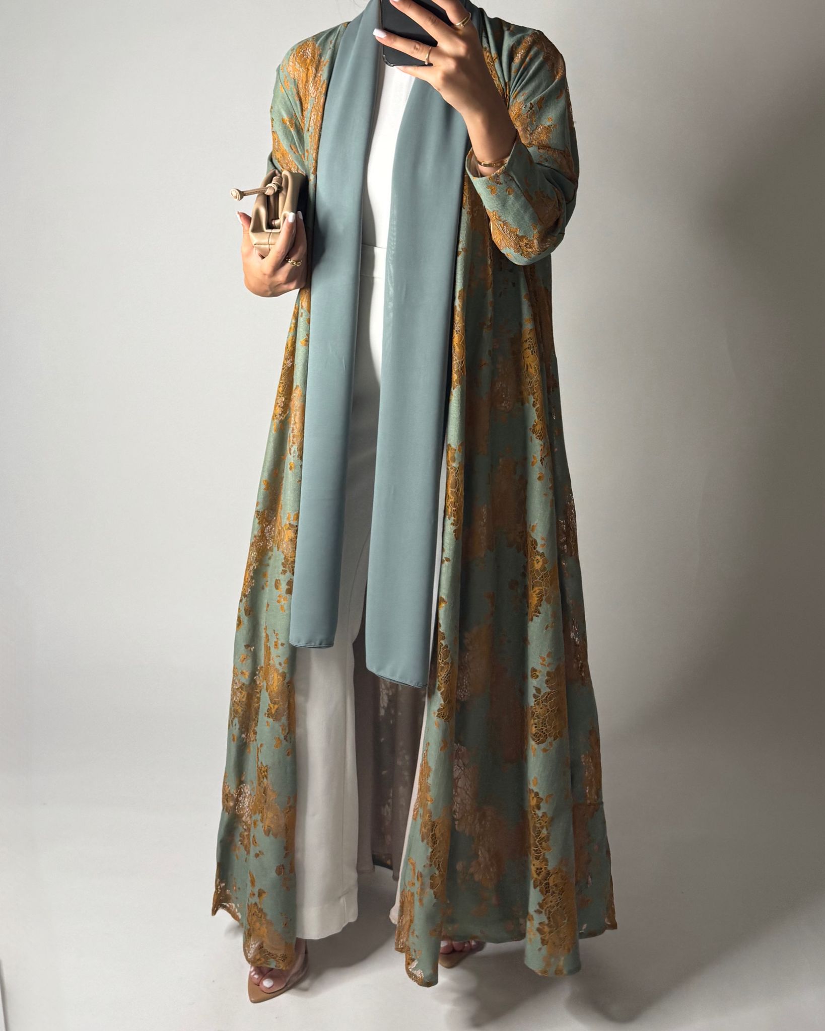 A595 - Green & Mustard Linen & Lace A-CUT Summery Abaya & Matching Head Scarf