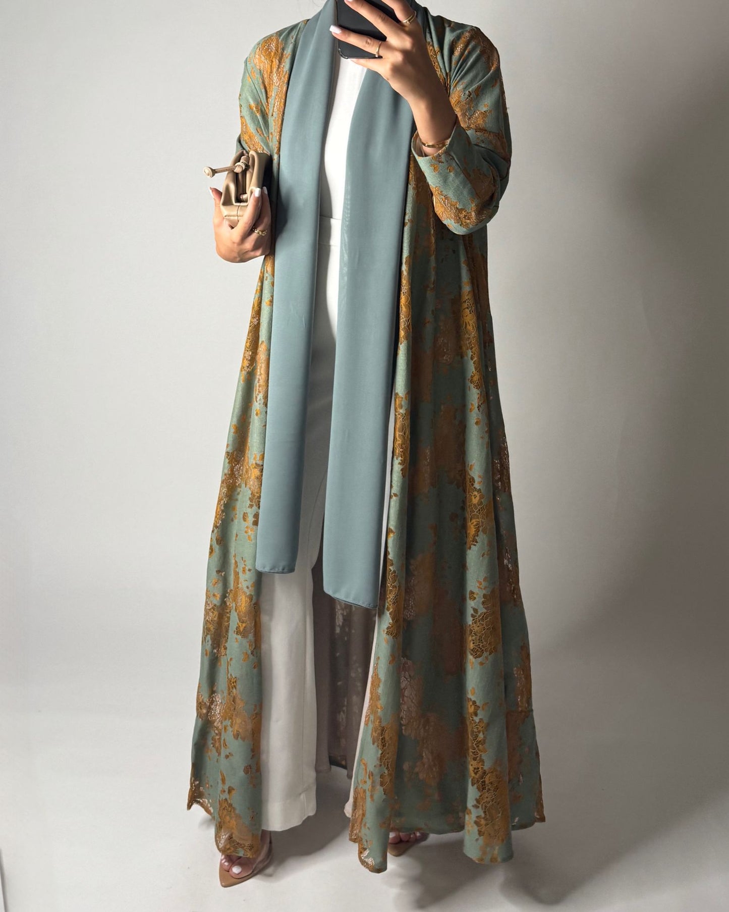 A595 - Green & Mustard Linen & Lace A-CUT Summery Abaya & Matching Head Scarf