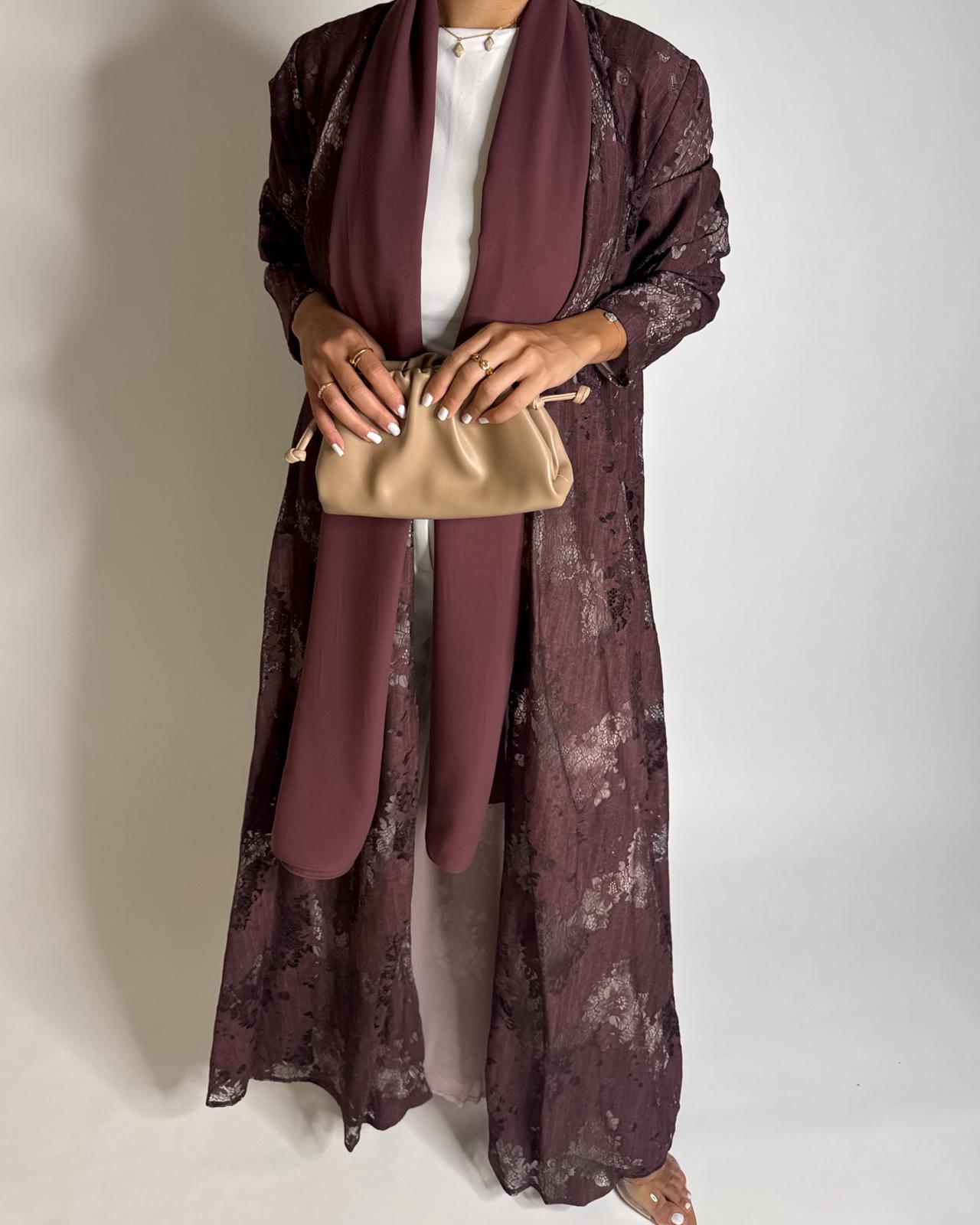 A589 - Maroon Linen & Lace A-CUT Summery Abaya & Matching Head Scarf