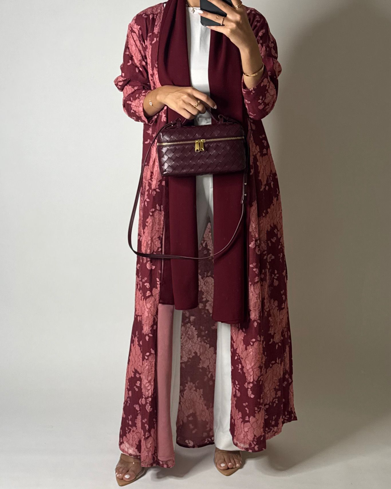 A598 - Maroon & Pink Linen & Lace A-CUT Summery Abaya & Matching Head Scarf